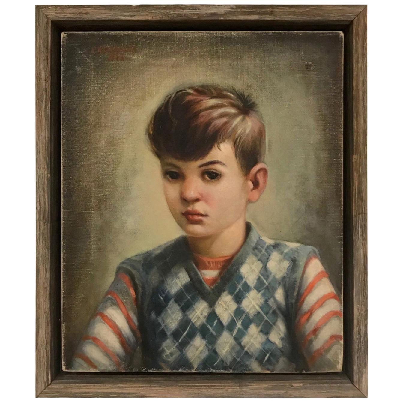 Mid-Century Modern Oil Painting, Portrait of Boy by Robert Rukavina, circa 1948