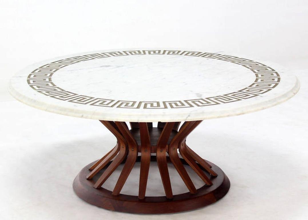 Mid Century Modern oiled walnut base coffee table in style of Ed Wormley for Dunbar. Greek key pattern round marble top. MINT