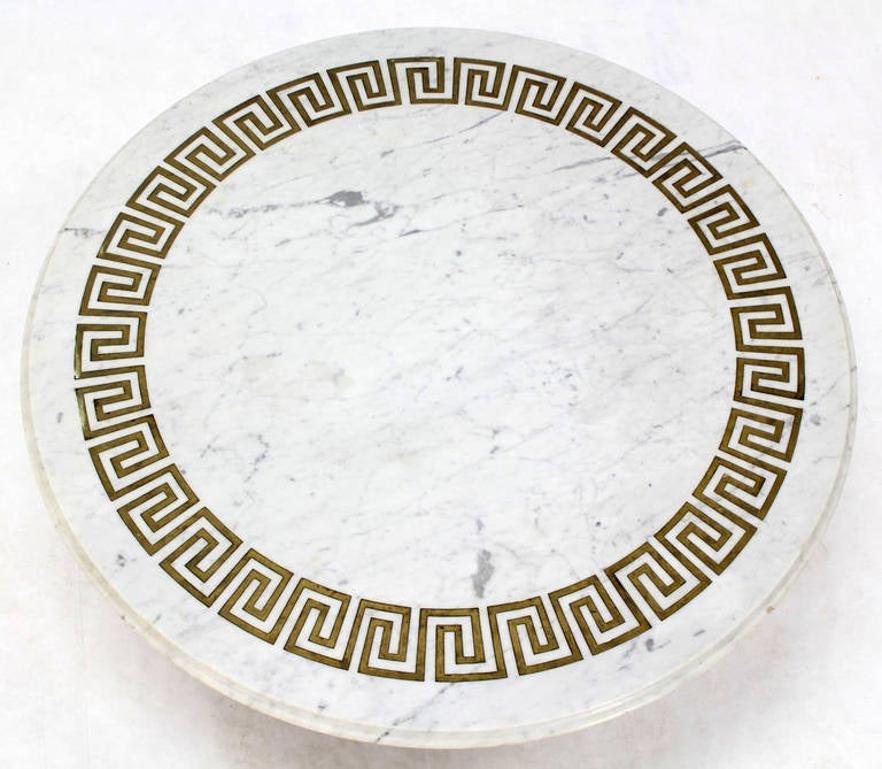 Mid-Century Modern Mid Century Modern Oiled Walnut Base Round Marble Top Greek Key Coffee Table  For Sale