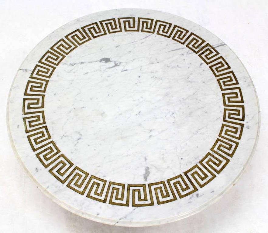Mid-Century Modern Mid Century Modern Oiled Walnut Base Round Marble Top Greek Key Coffee Table