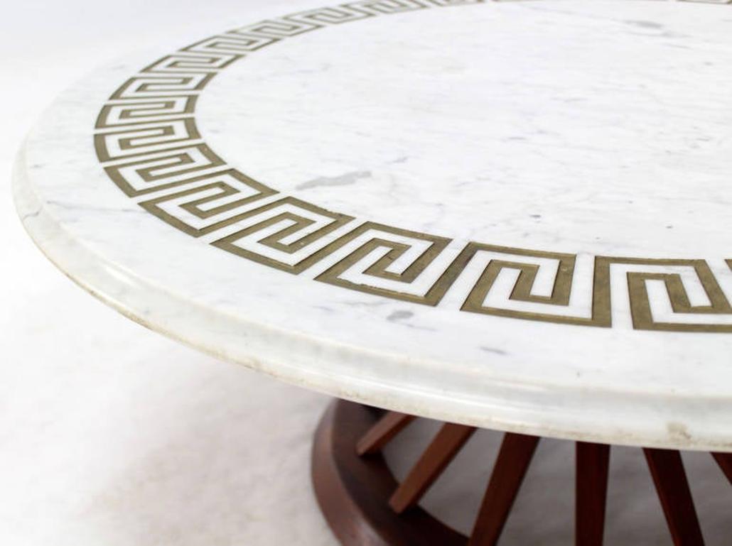 American Mid Century Modern Oiled Walnut Base Round Marble Top Greek Key Coffee Table  For Sale