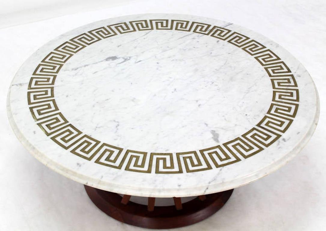 Mid Century Modern Oiled Walnut Base Round Marble Top Greek Key Coffee Table  In Good Condition For Sale In Rockaway, NJ