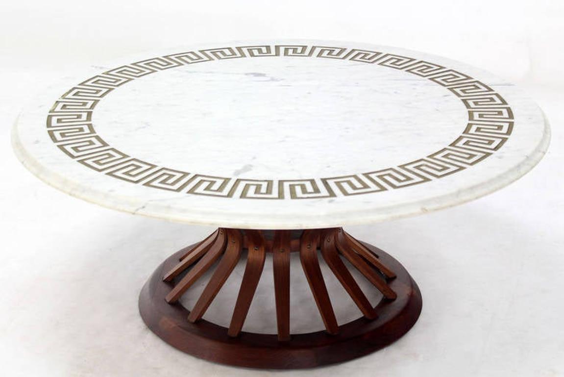 Mid Century Modern Oiled Walnut Base Round Marble Top Greek Key Coffee Table  For Sale 1