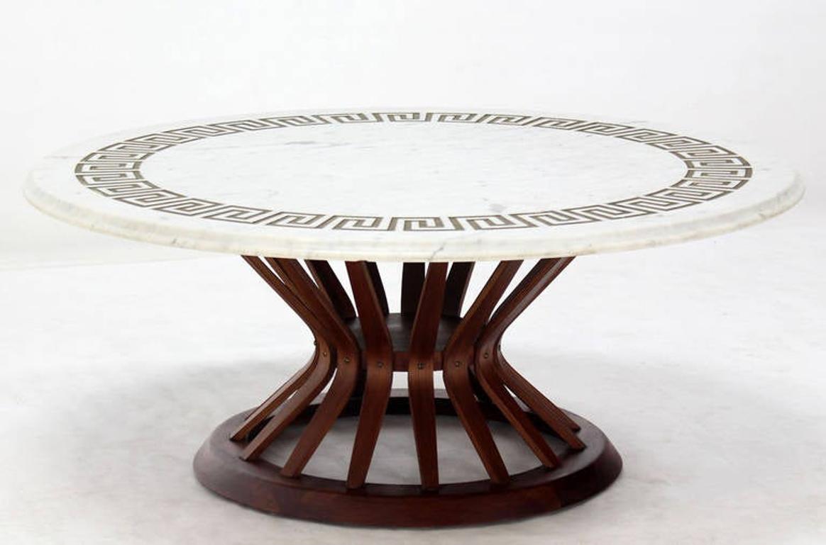Mid Century Modern Oiled Walnut Base Round Marble Top Greek Key Coffee Table  For Sale 2