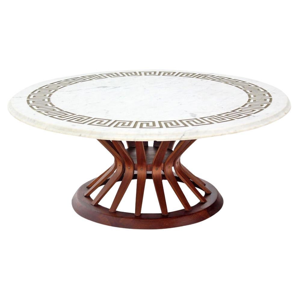Mid Century Modern Oiled Walnut Base Round Marble Top Greek Key Coffee Table 