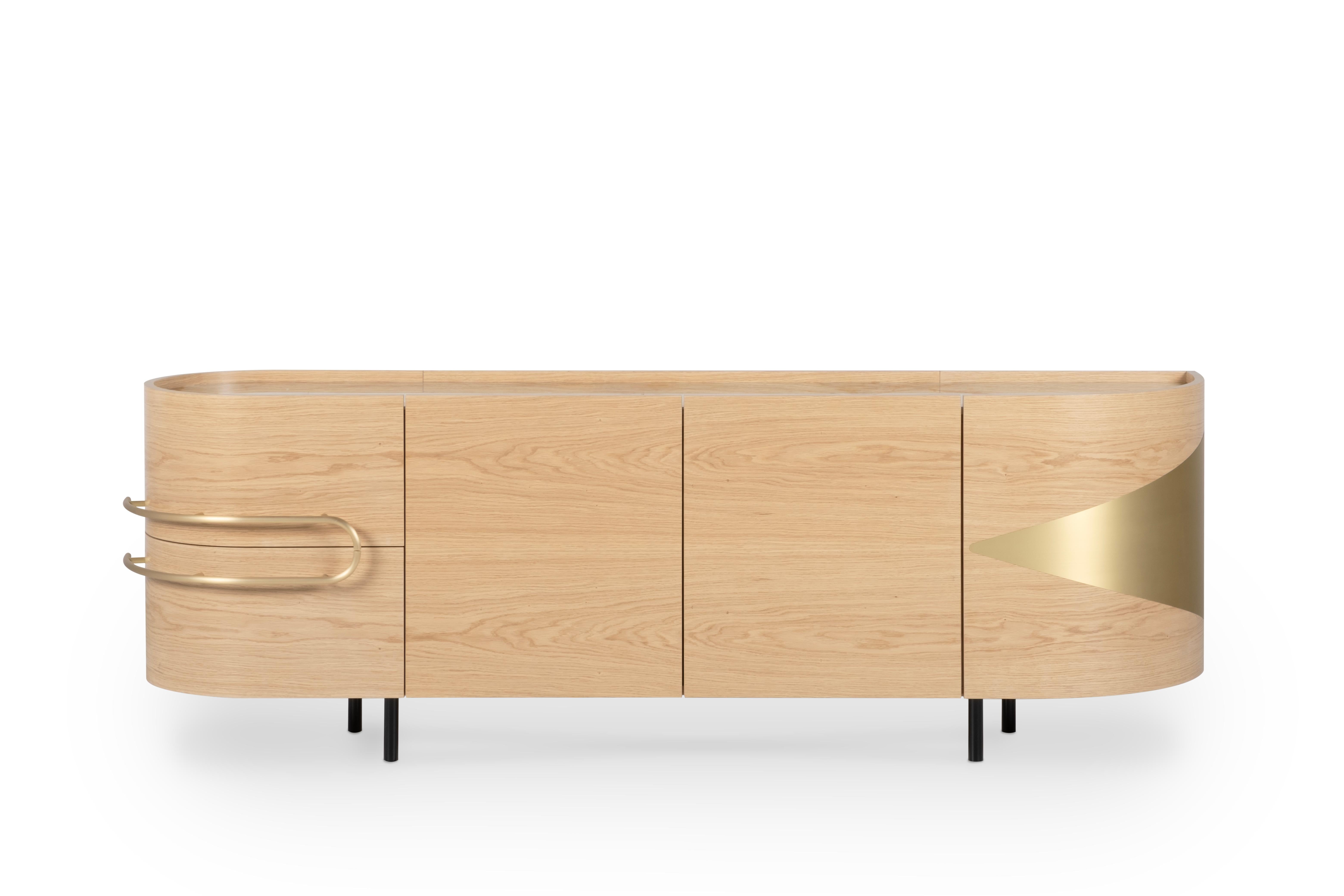 Mid-Century moderno Credenza Olival moderna di metà secolo, Oak, Onice, Ottone, fatta a mano da Greenapple in vendita