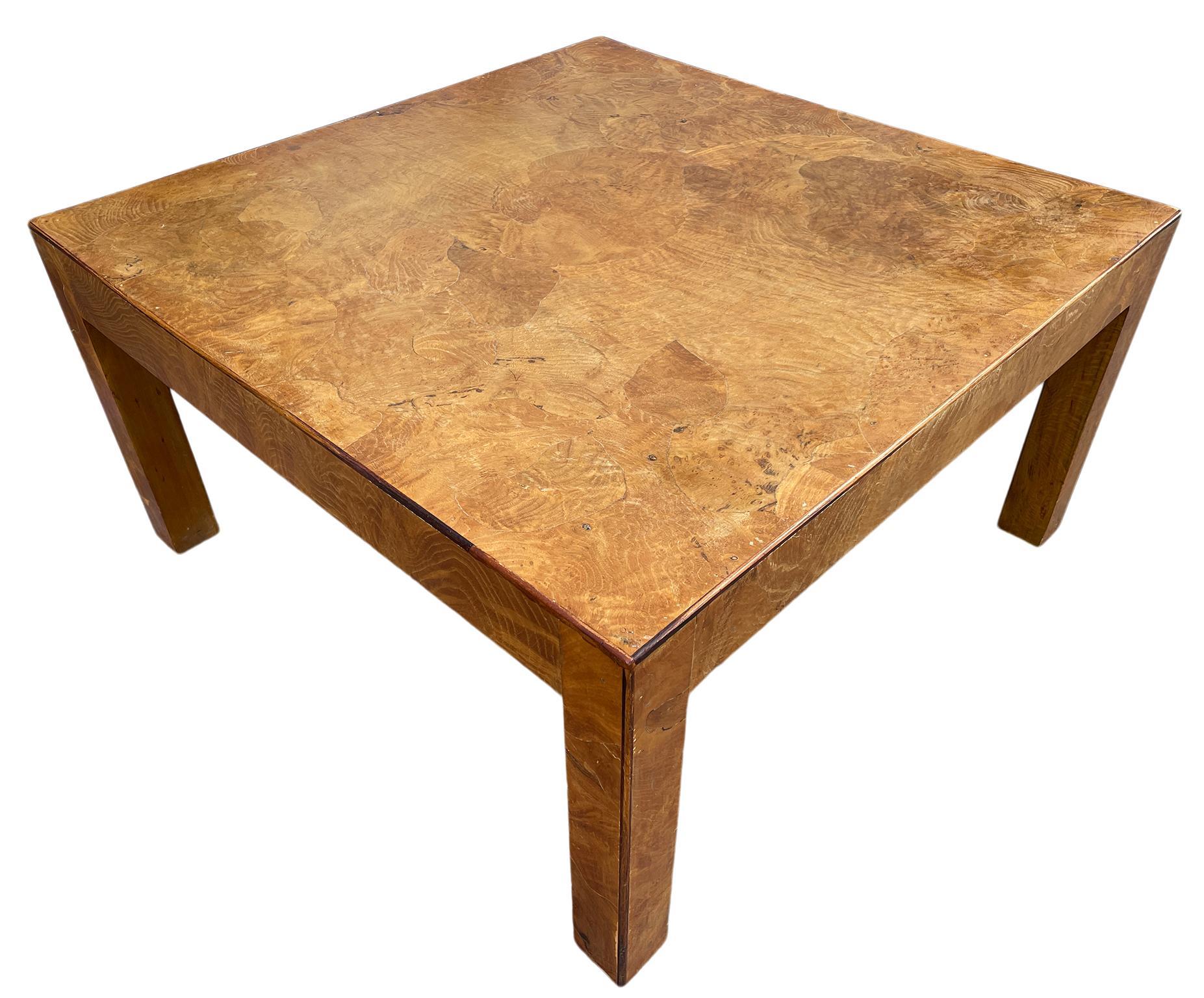 Mid Century Modern Olive Burl Square Coffee Parsons Table Made in Italy In Good Condition For Sale In Brooklyn, NY