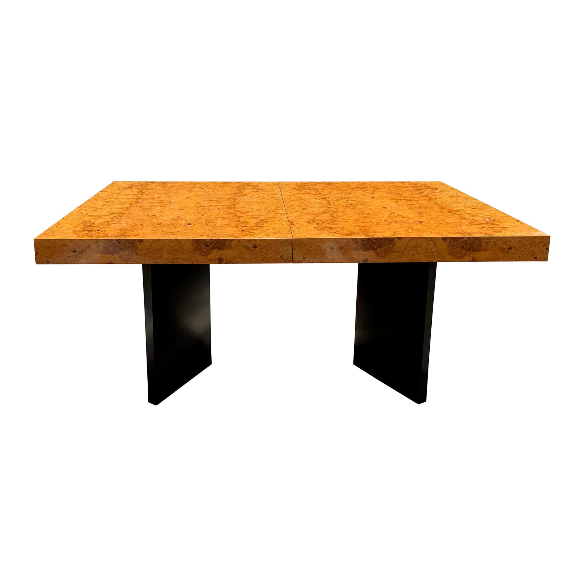 Late 20th Century Mid-Century Modern Olive Burl Wood Extension Dining Table W/ 2 Leaves For Sale
