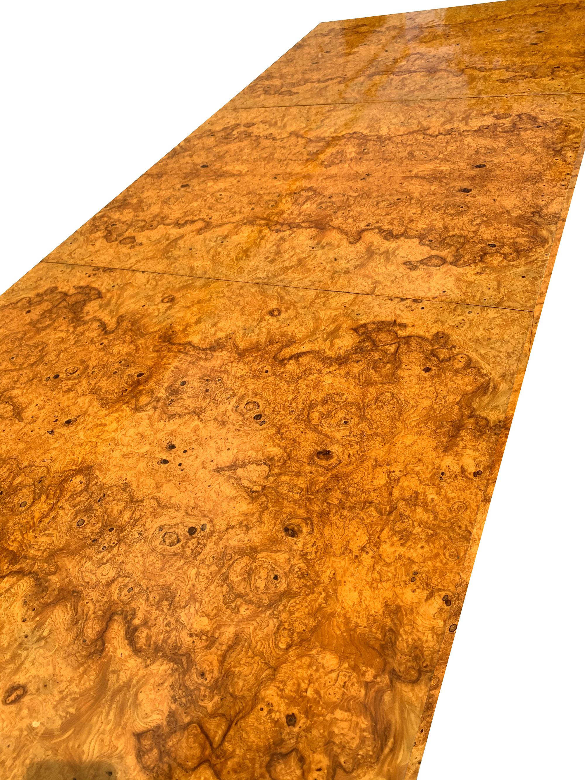 Late 20th Century Mid-Century Modern Olive Burl Wood Extension Dining Table W/ 2 Leaves