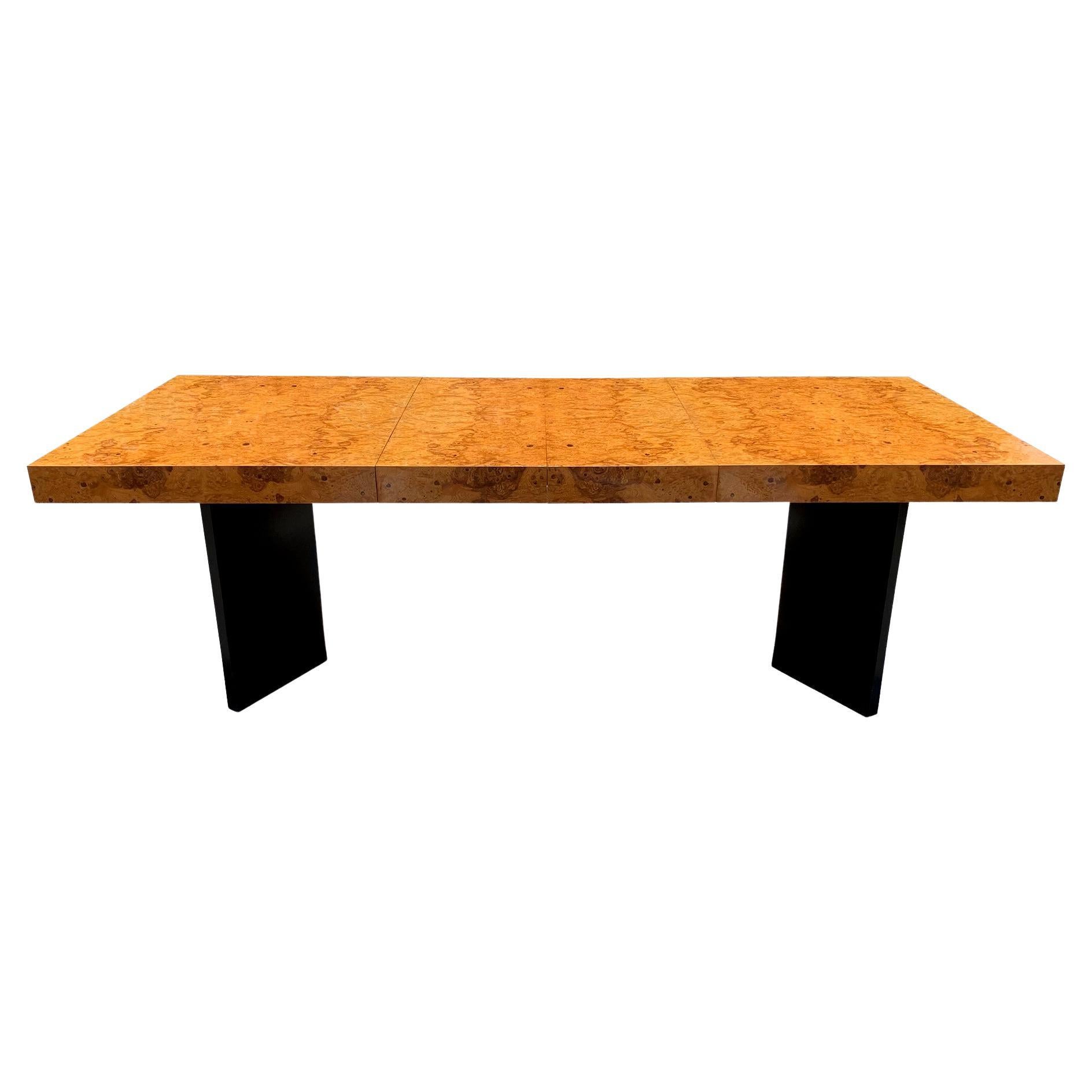 Mid-Century Modern Olive Burl Wood Extension Dining Table W/ 2 Leaves For Sale