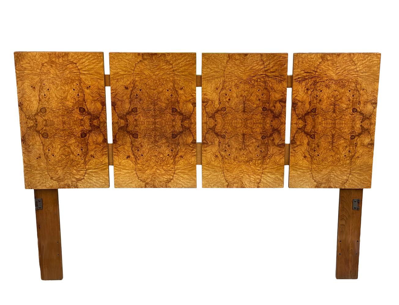 Mid Century Modern Olive Burl Wood Queen Sized Headboard after Milo Baughman In Good Condition In Philadelphia, PA