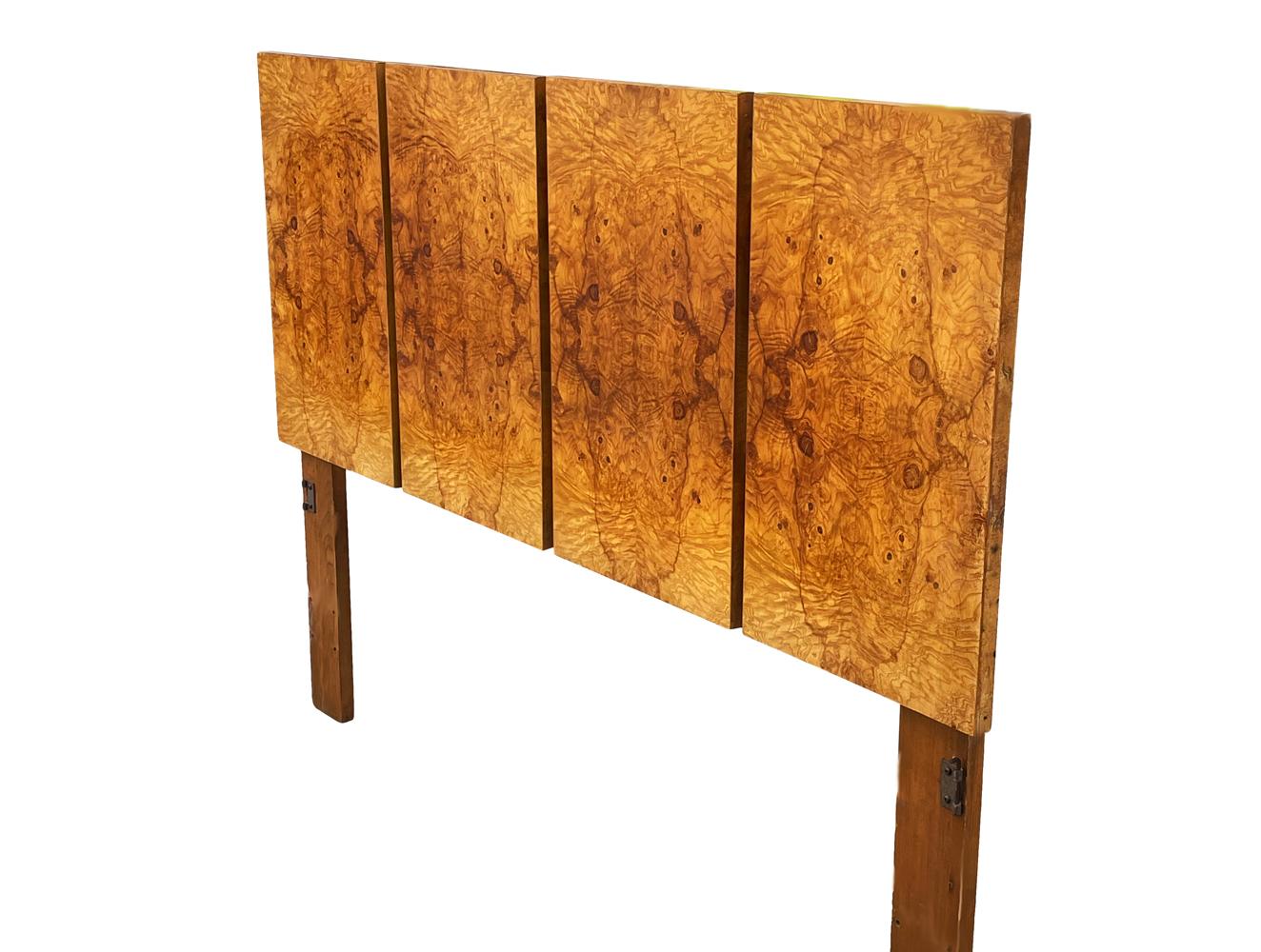 Late 20th Century Mid Century Modern Olive Burl Wood Queen Sized Headboard after Milo Baughman