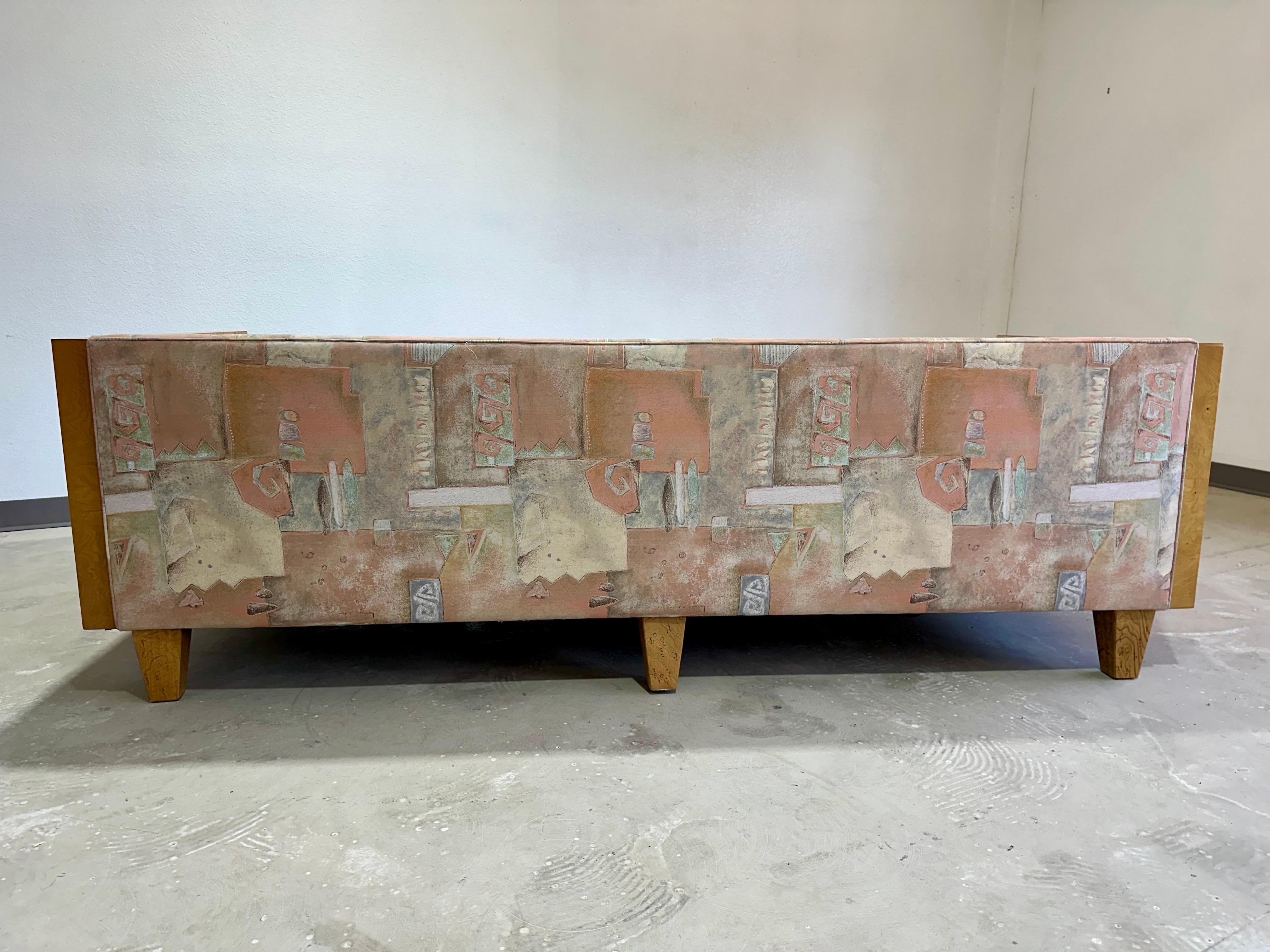 20th Century Mid Century Modern Olive Burlwood Cased 3 Seat Sofa