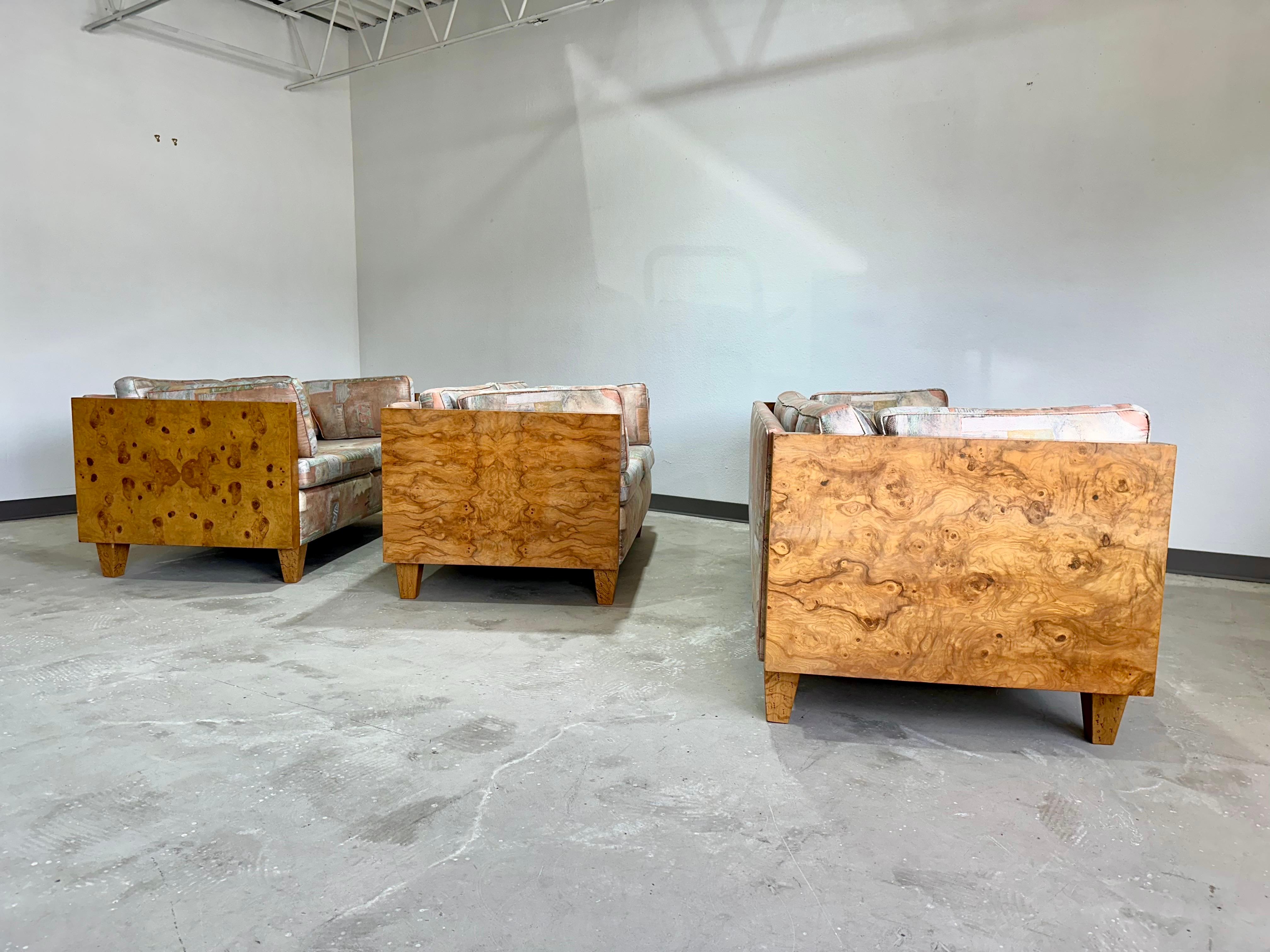 Fabric Mid Century Modern Olive Burlwood Cased 3 Seat Sofa