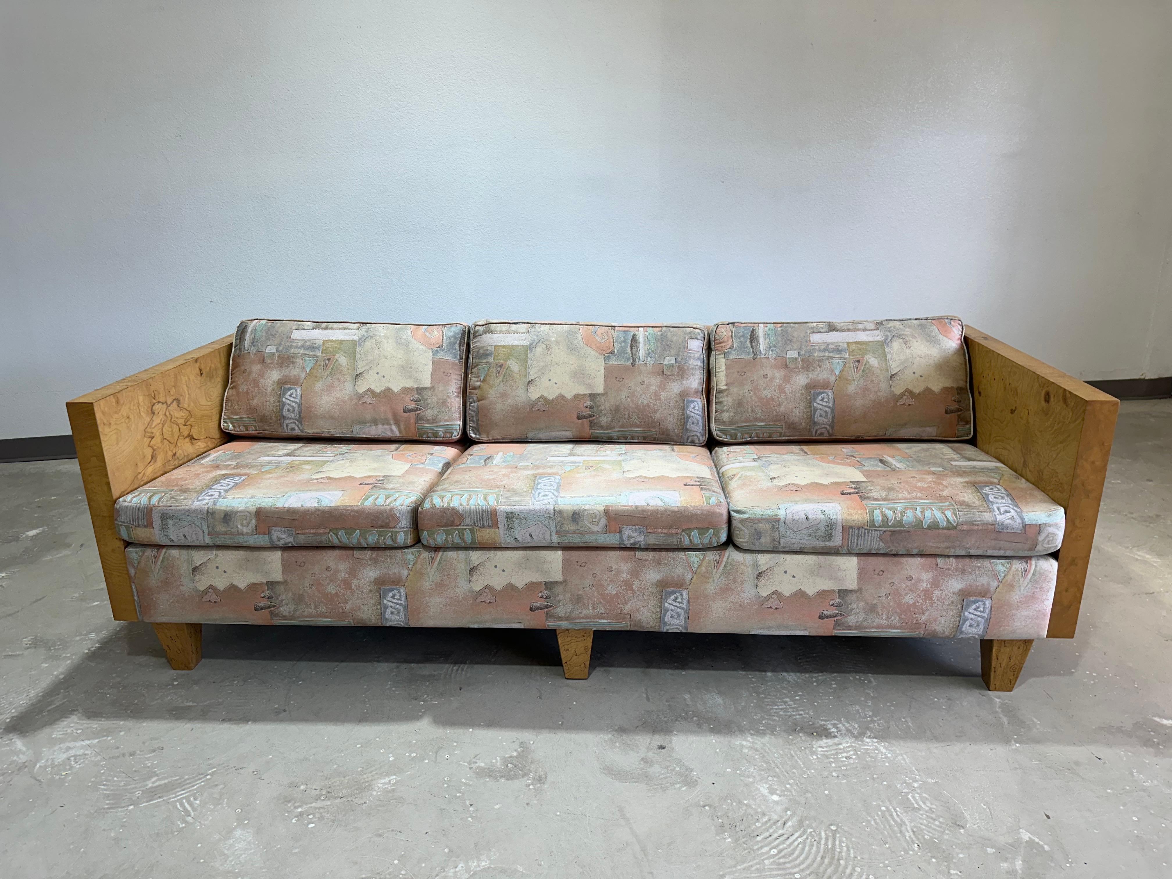 Mid Century Modern Olive Burlwood Cased 3 Seat Sofa 1