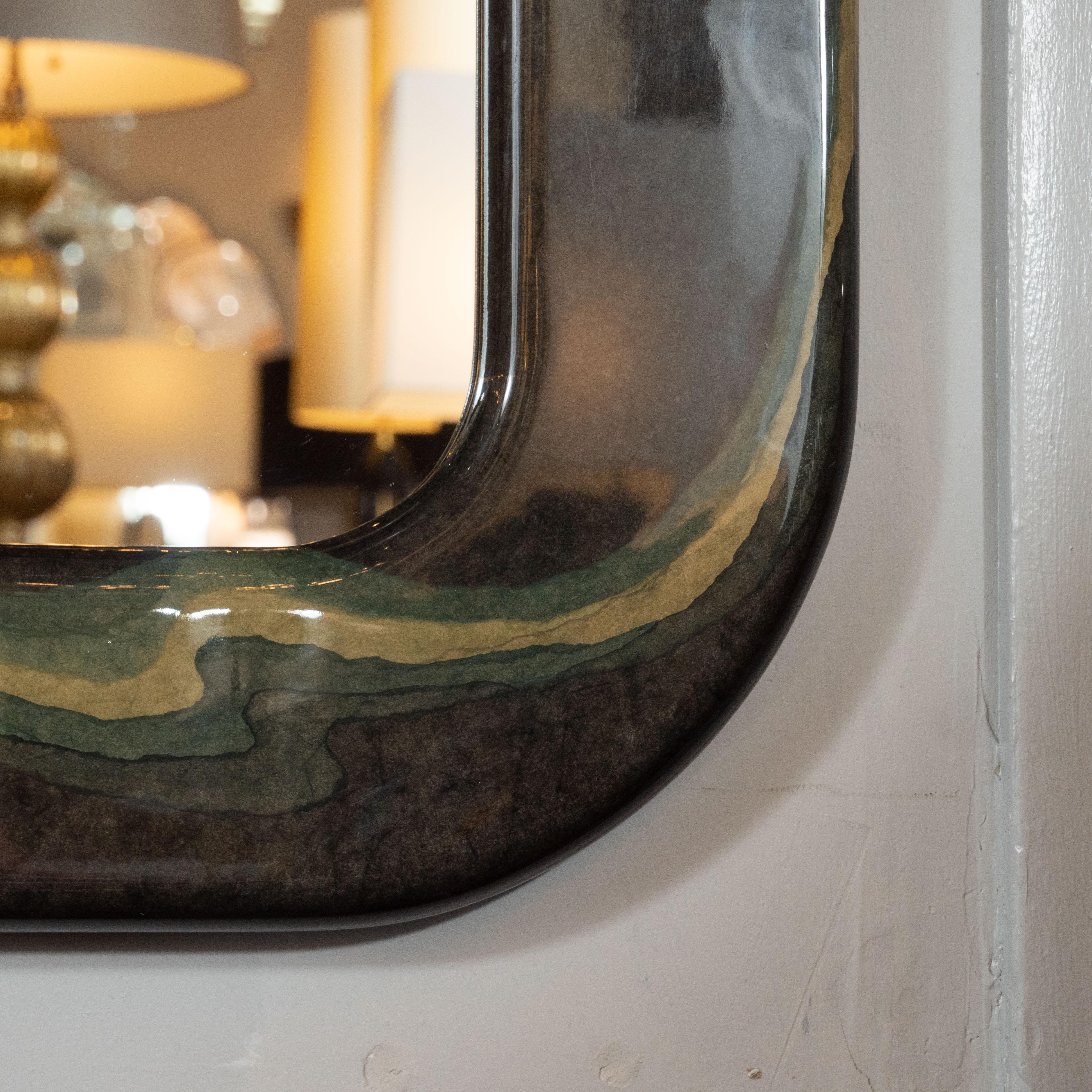 Mid-Century Modern Olive Gray Resin Wall Mirror with Amorphic Swirl Detailing In Excellent Condition In New York, NY
