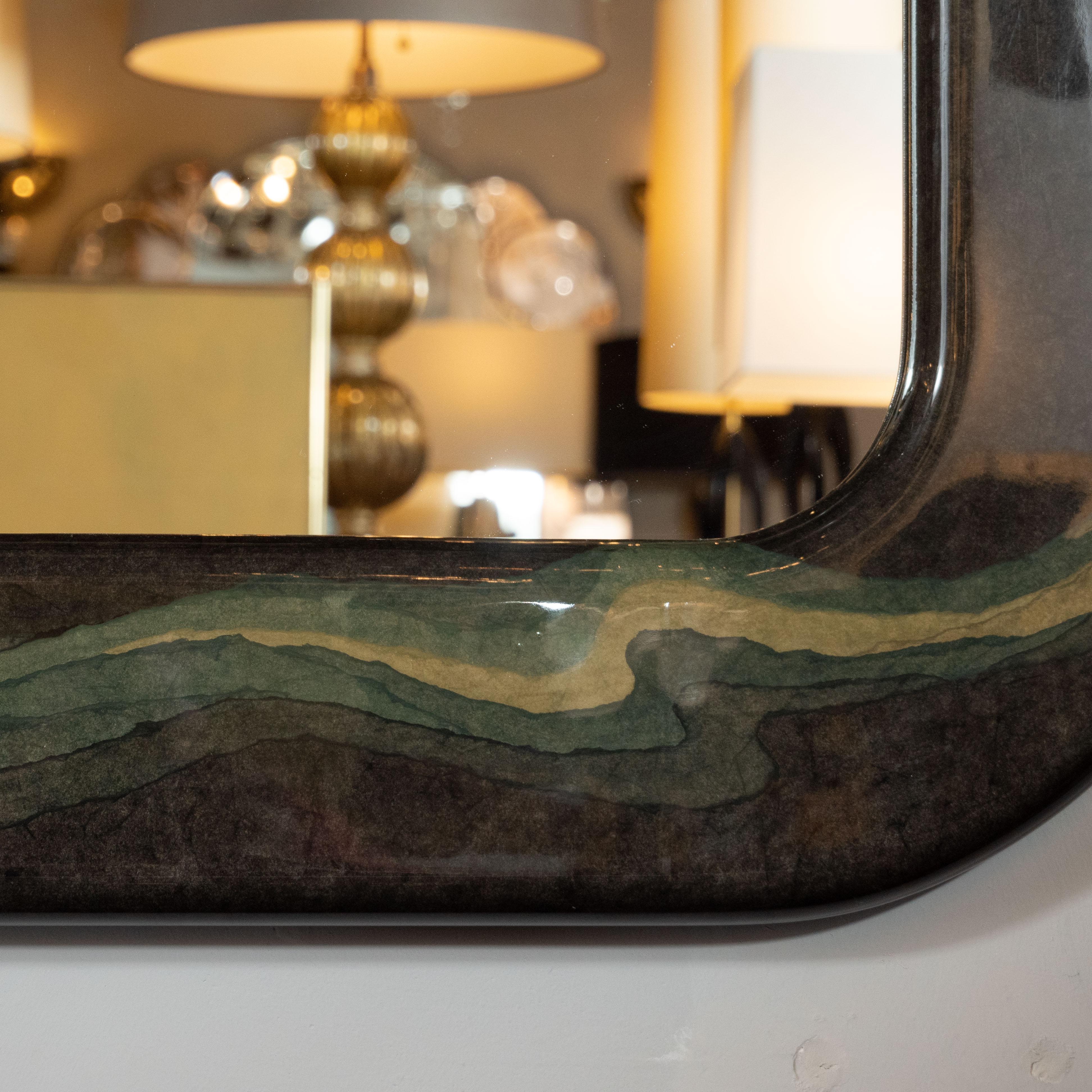 Late 20th Century Mid-Century Modern Olive Gray Resin Wall Mirror with Amorphic Swirl Detailing