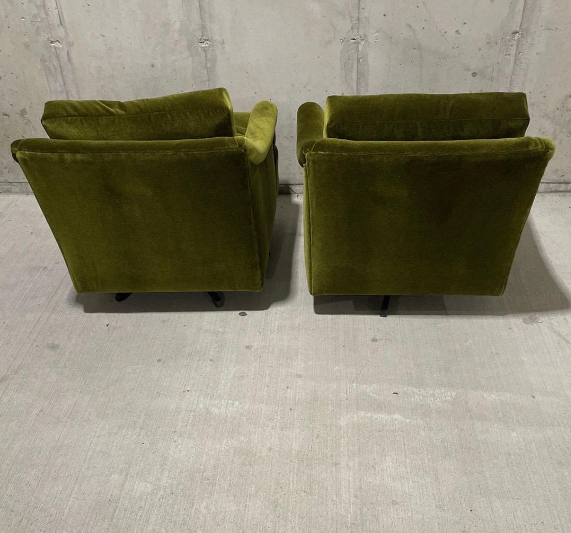 American Mid-Century Modern Olive Green Velvet Swivel Chairs, a Pair New Upholstery