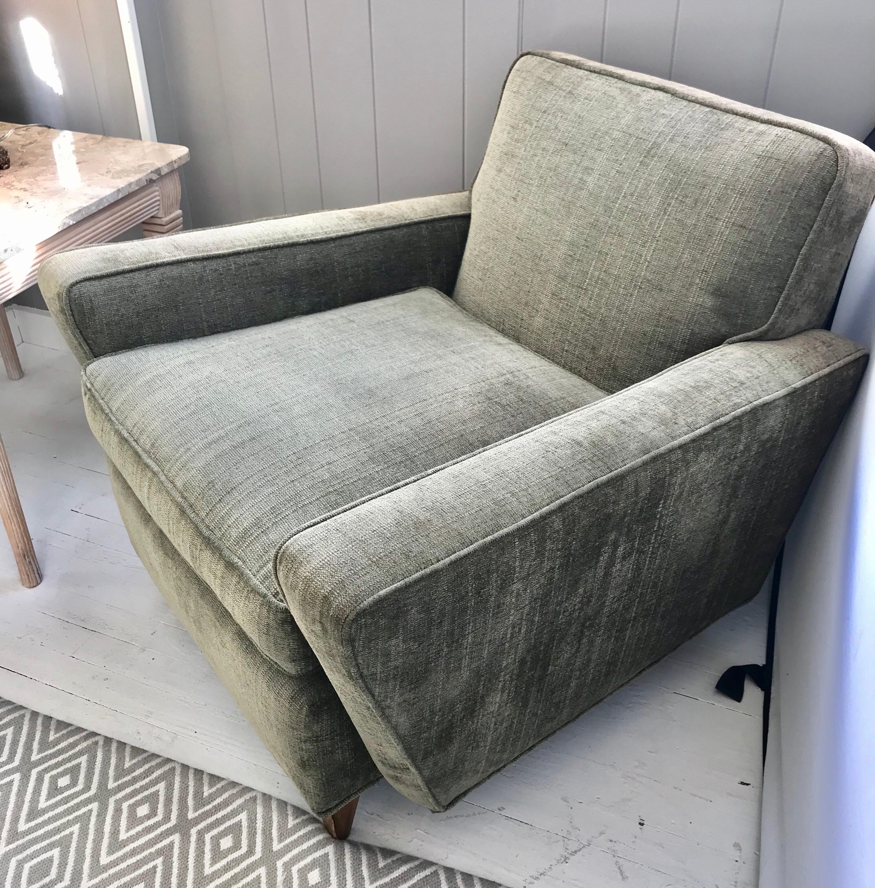 Scandinavian Mid-Century Modern Olive Green Velveteen Upholstered Danish Lounge Chair