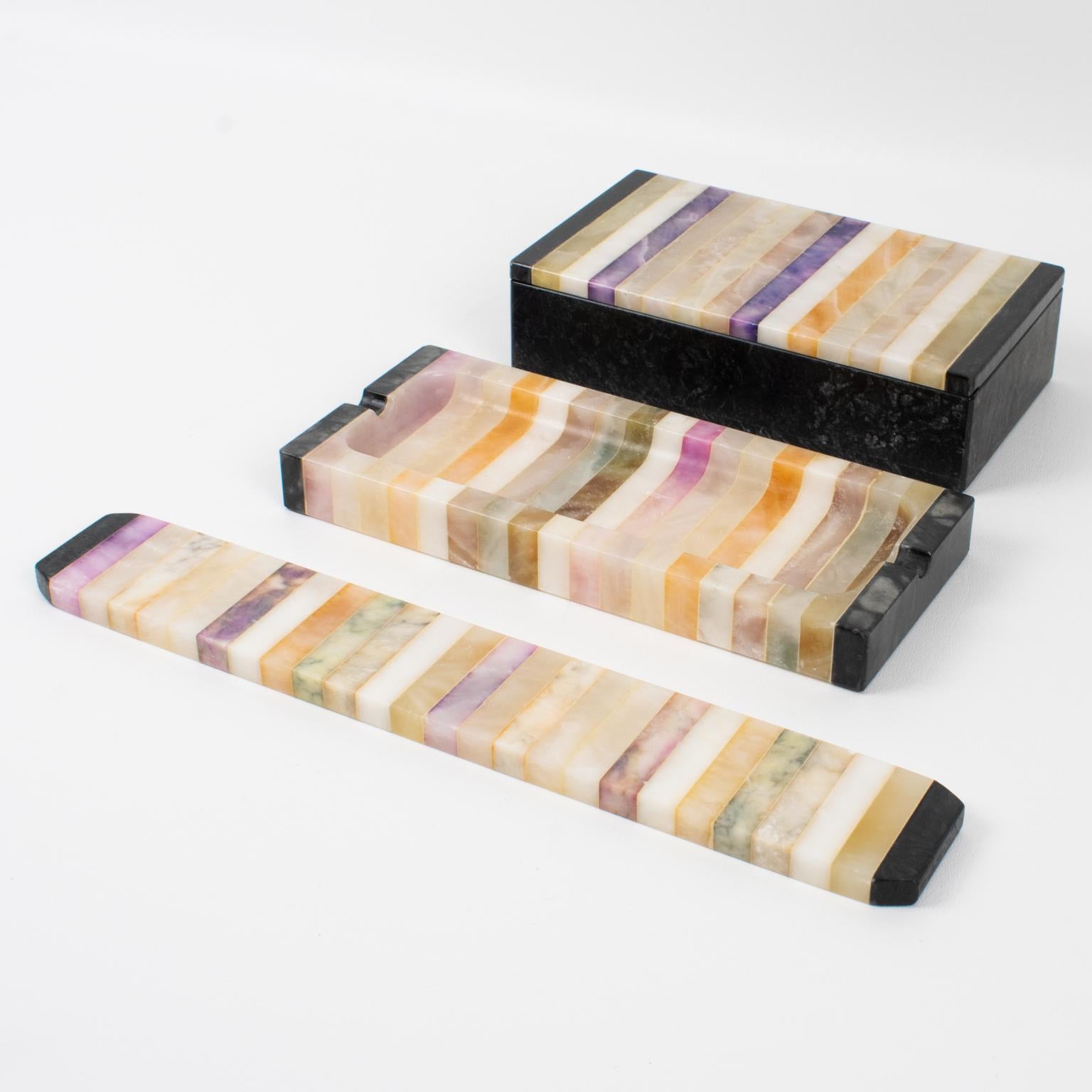 Italian Mid-Century Modern Onyx and Marble Desk Accessory, Box, Pen Holder, Ruler, 3 pc For Sale