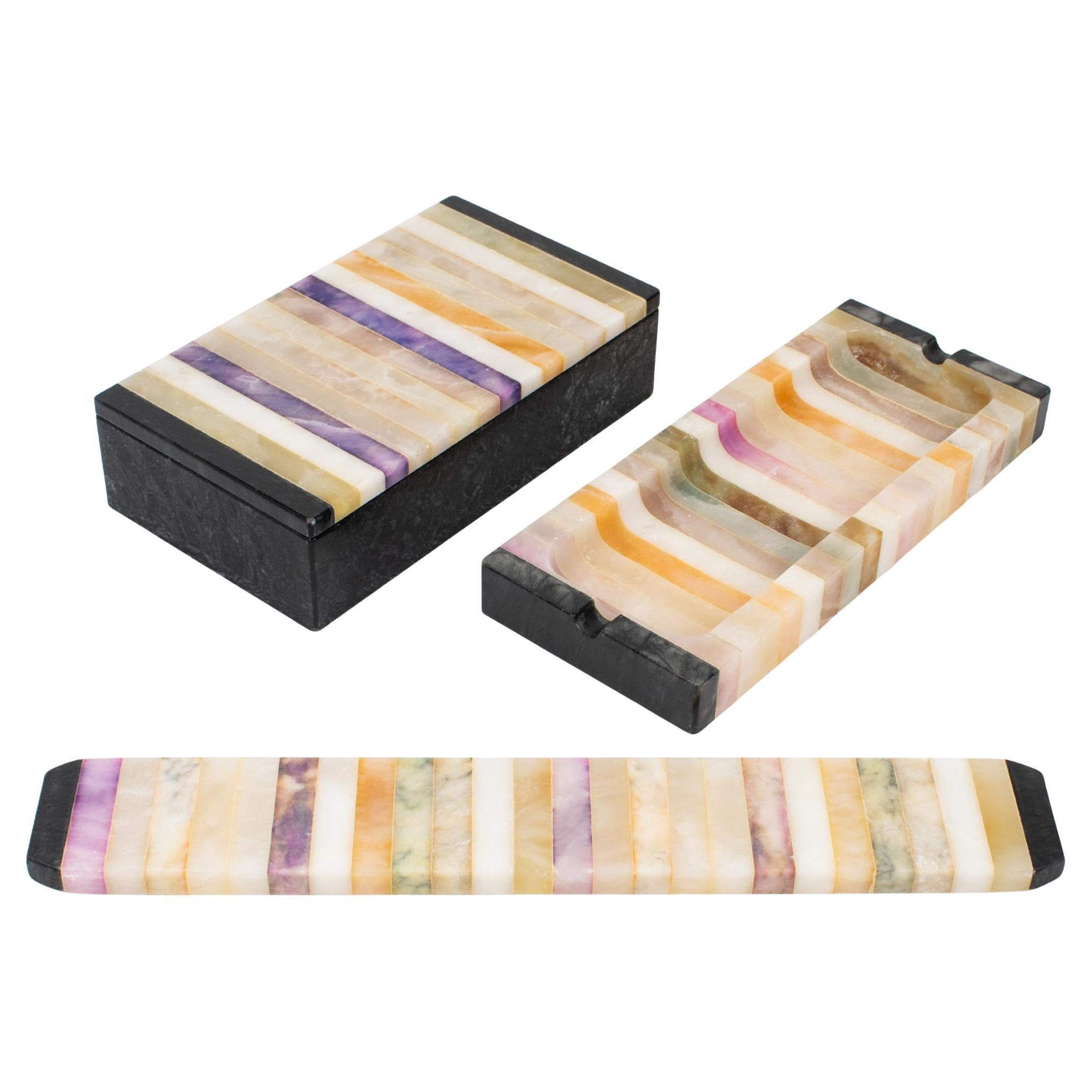 Accessorio da scrivania in onice e marmo, scatola, portapenne, righello, 3 pz.