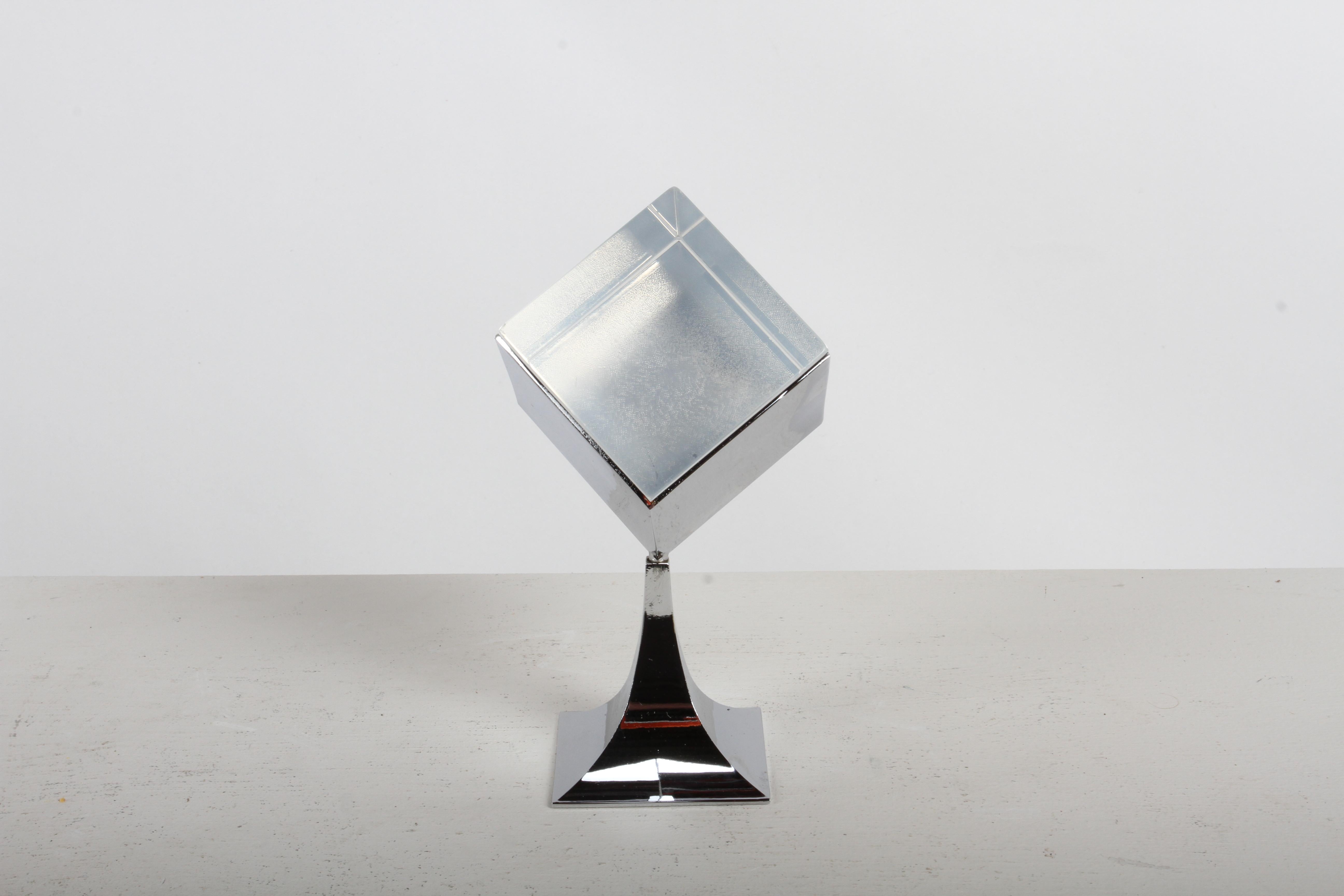 Vintage 1960s Mod OP Art Lucite & chrome base Photo Prism kinetic sculpture designed by Bob Cornell Creations. The photo frame brochure (not included), says its a fine precision instrument - a unique sculpture form - a useful gift - that holds