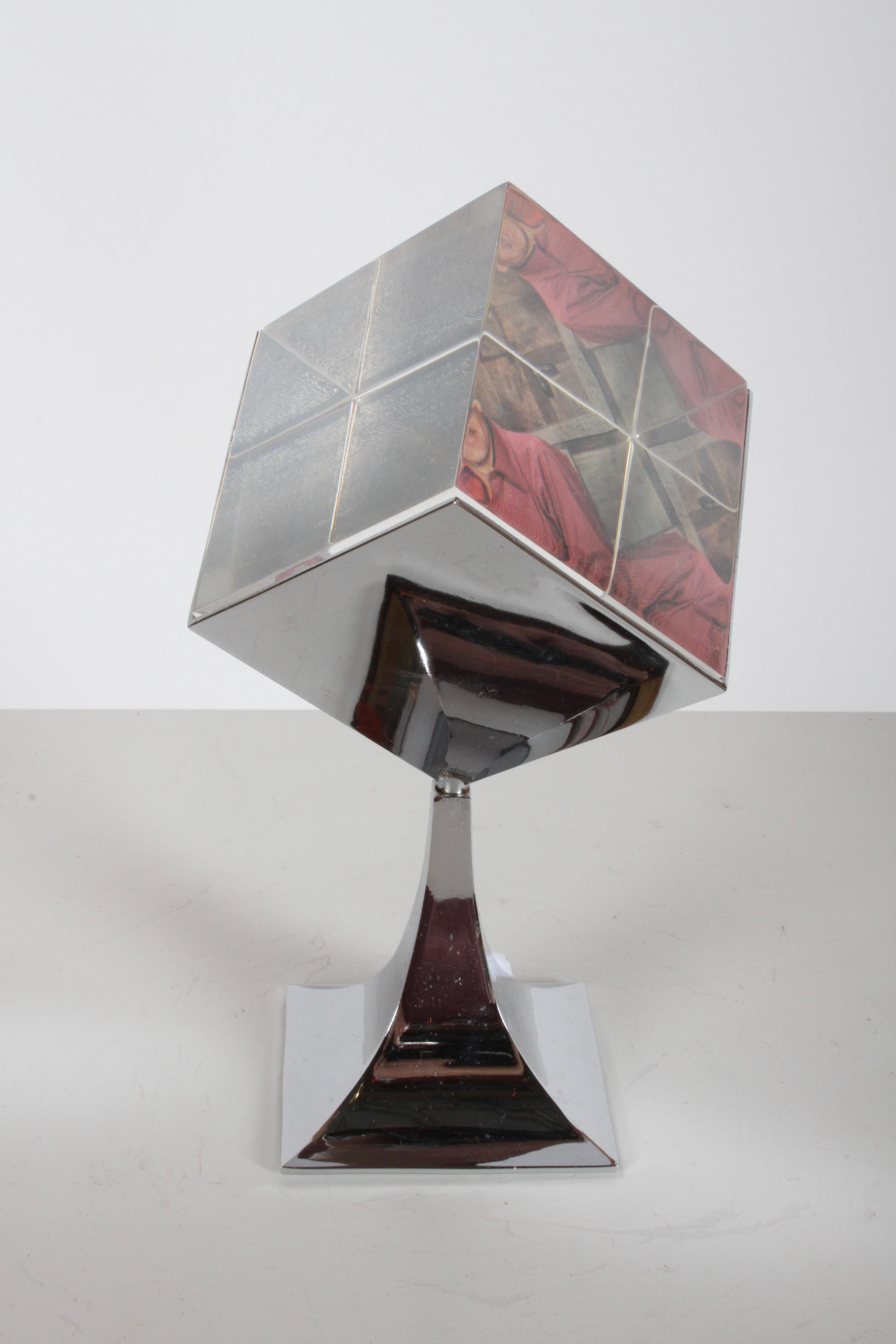 American Mid-Century Modern OP Art Chrome Base and Lucite Spinning Photo Cube Sculpture