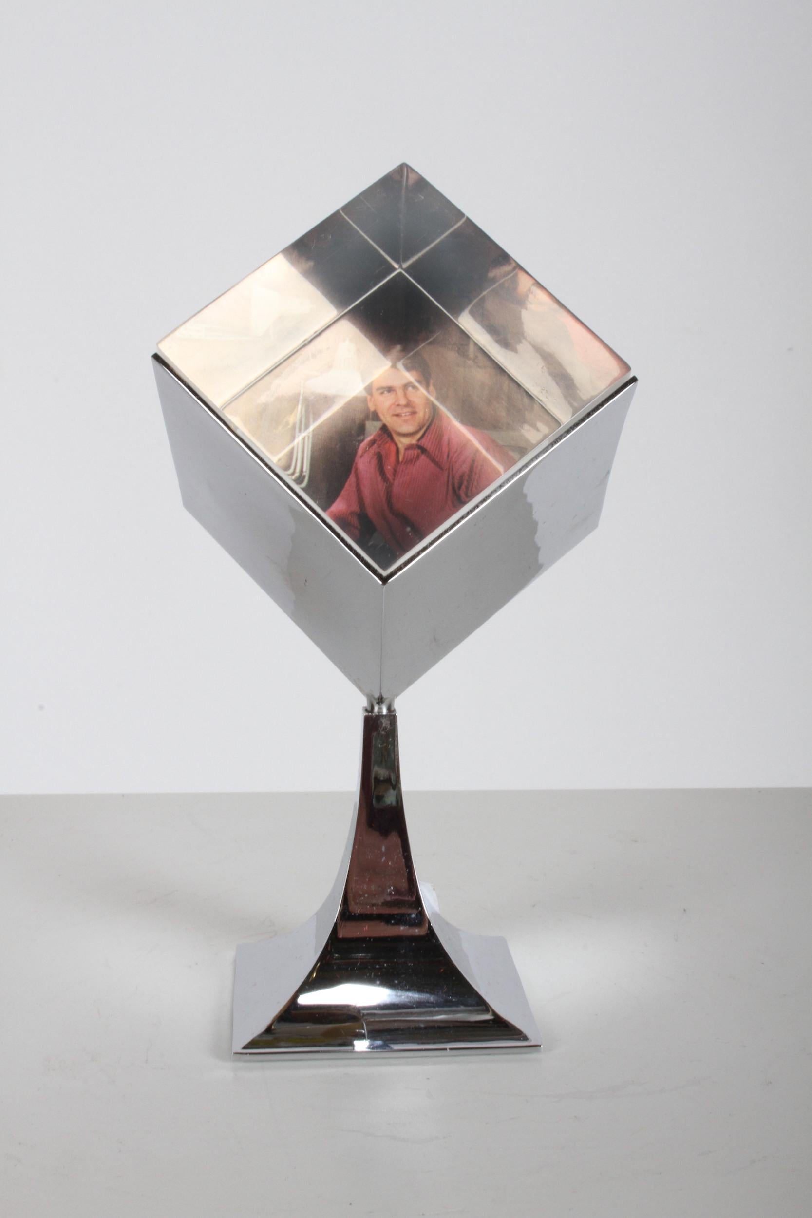 Mid-Century Modern OP Art Chrome Base and Lucite Spinning Photo Cube Sculpture 1