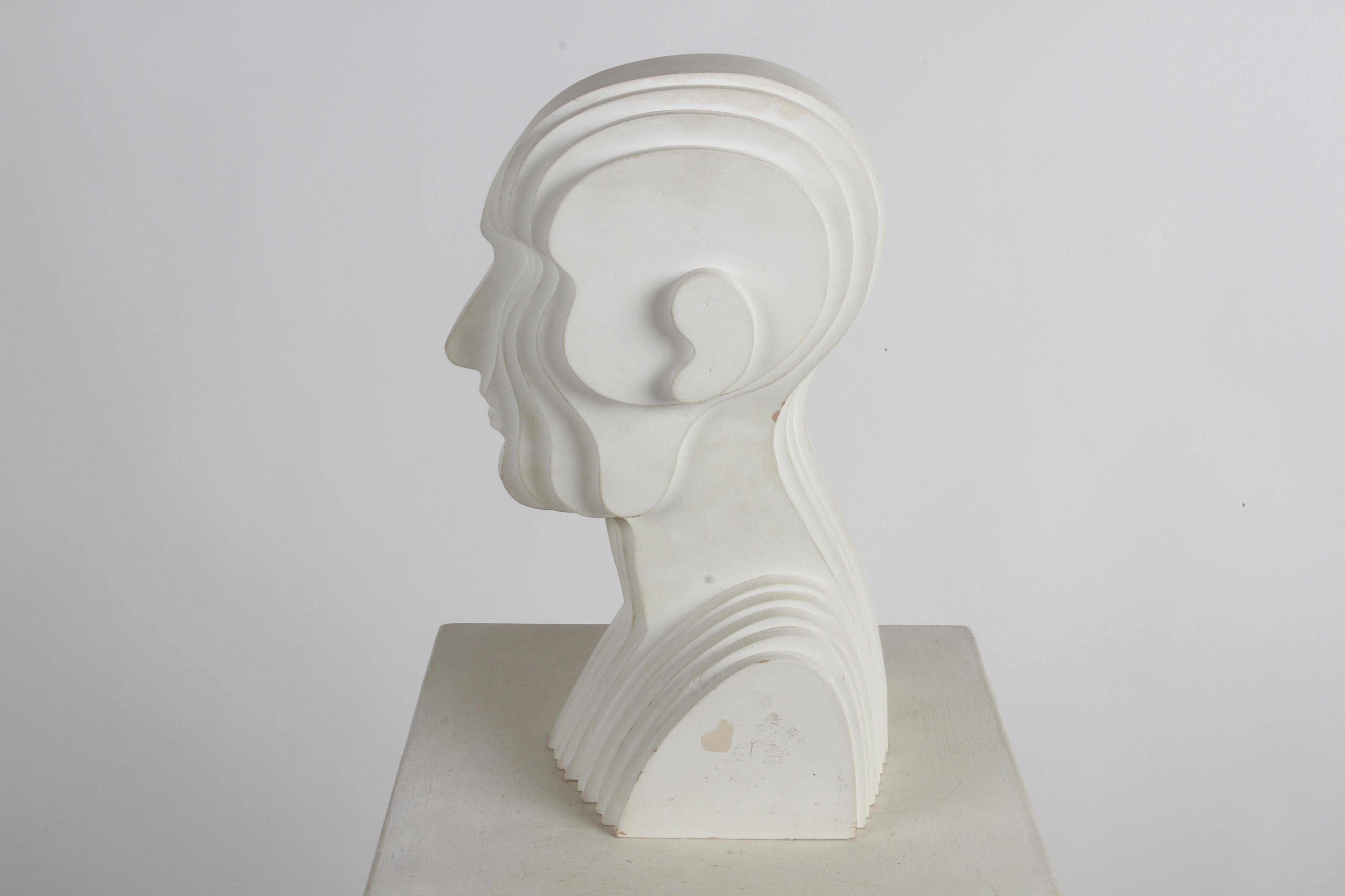 Mid-Century Modern OP-Art White Plywood Bust of Concentric Biomorphic Layers 6