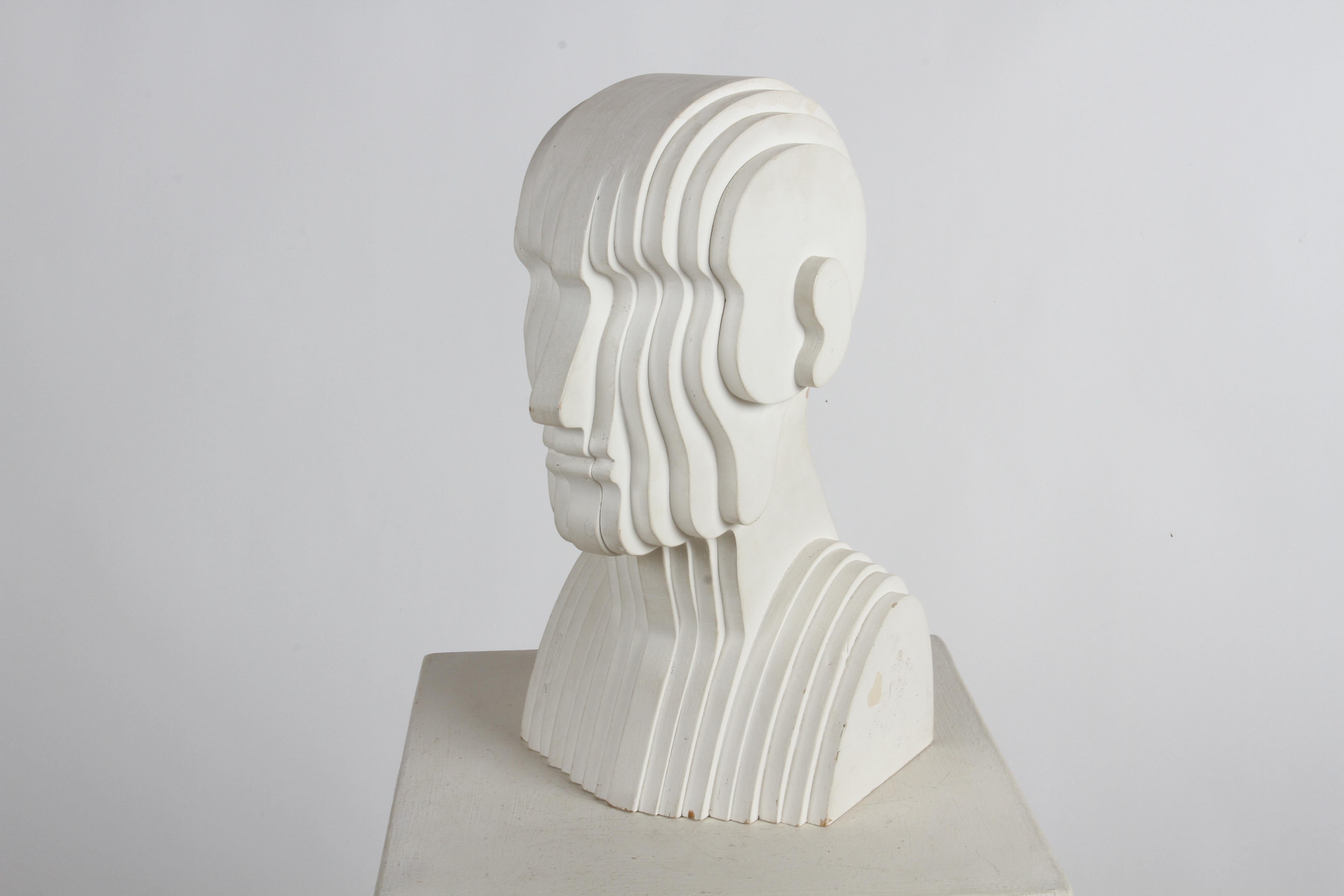 Mid-Century Modern OP-Art White Plywood Bust of Concentric Biomorphic Layers 9