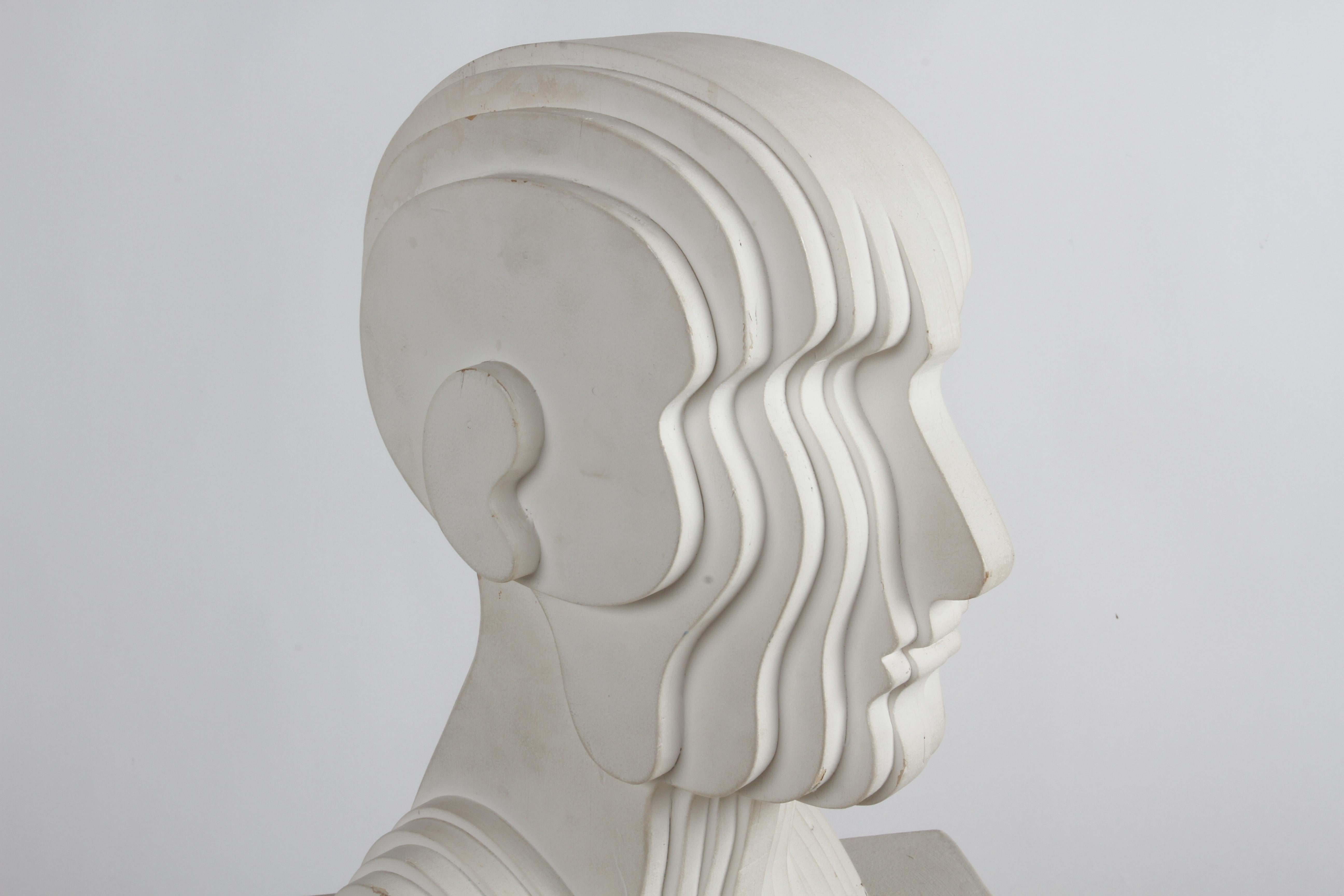 Mid-Century Modern OP-Art White Plywood Bust of Concentric Biomorphic Layers 11
