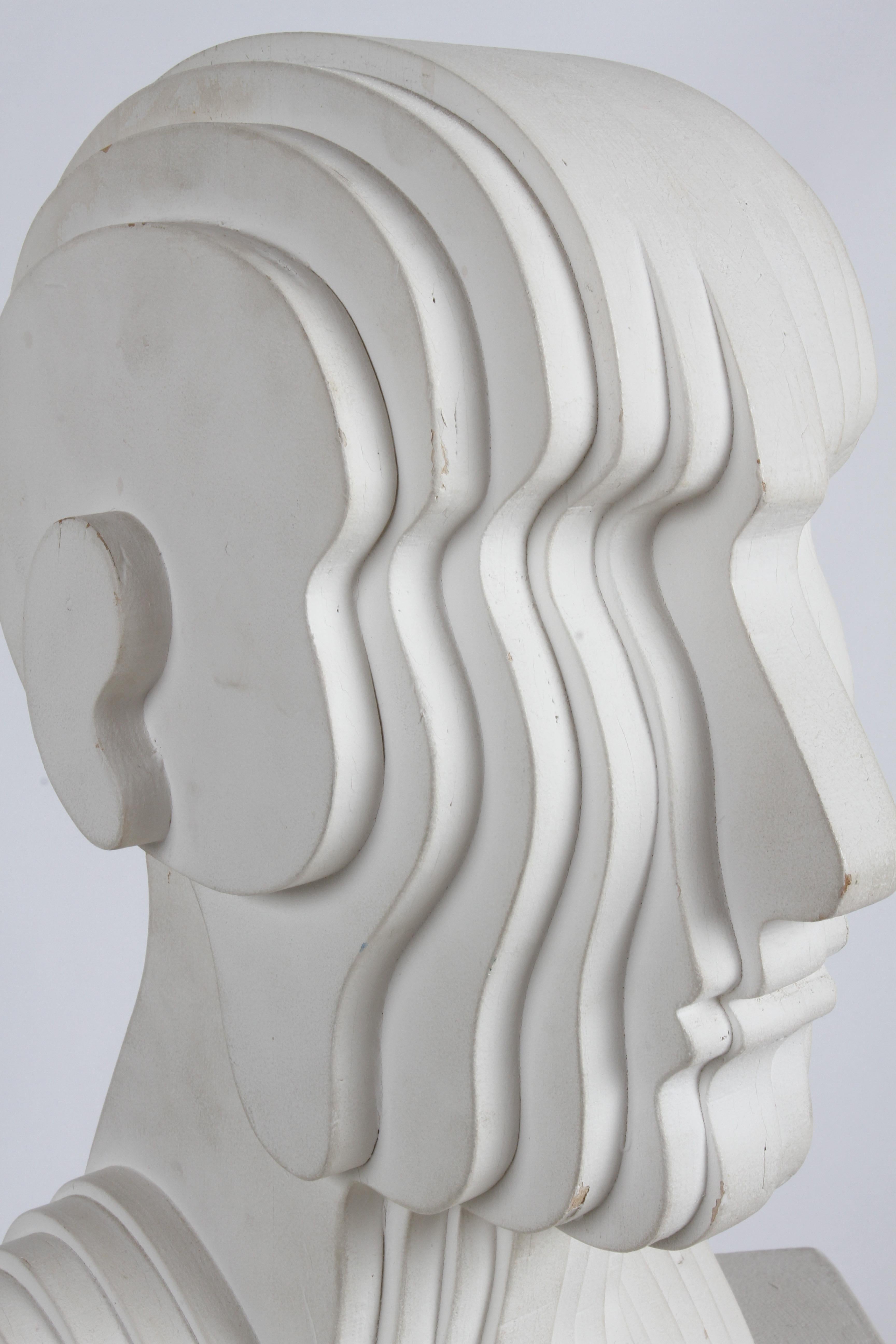 Hand-Painted Mid-Century Modern OP-Art White Plywood Bust of Concentric Biomorphic Layers