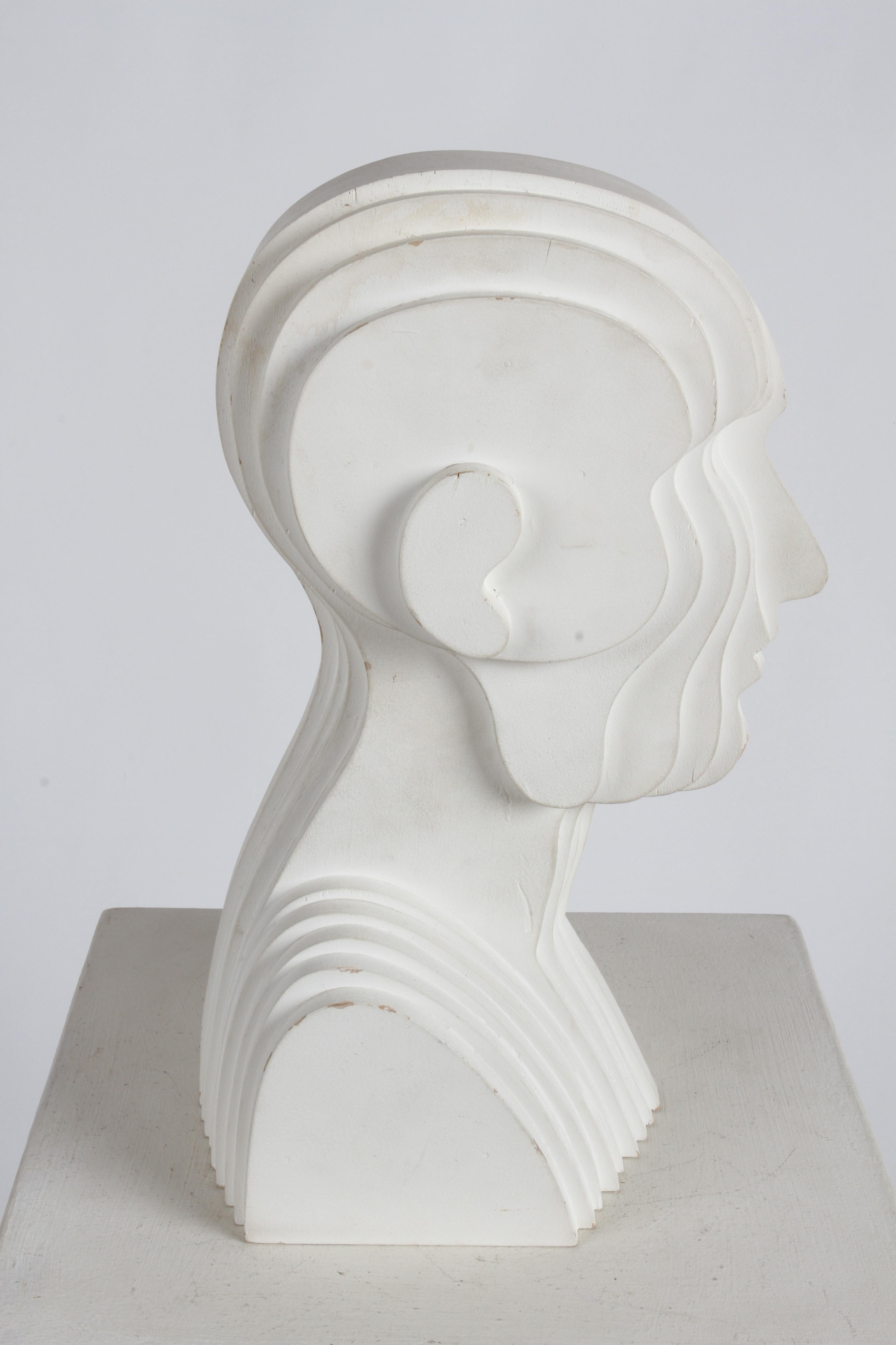Late 20th Century Mid-Century Modern OP-Art White Plywood Bust of Concentric Biomorphic Layers