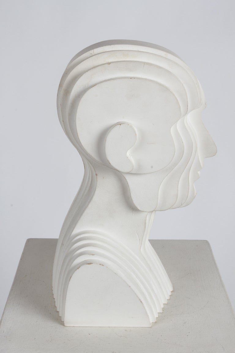 Late 20th Century Mid-Century Modern OP-Art White Plywood Bust of Concentric Biomorphic Layers  For Sale