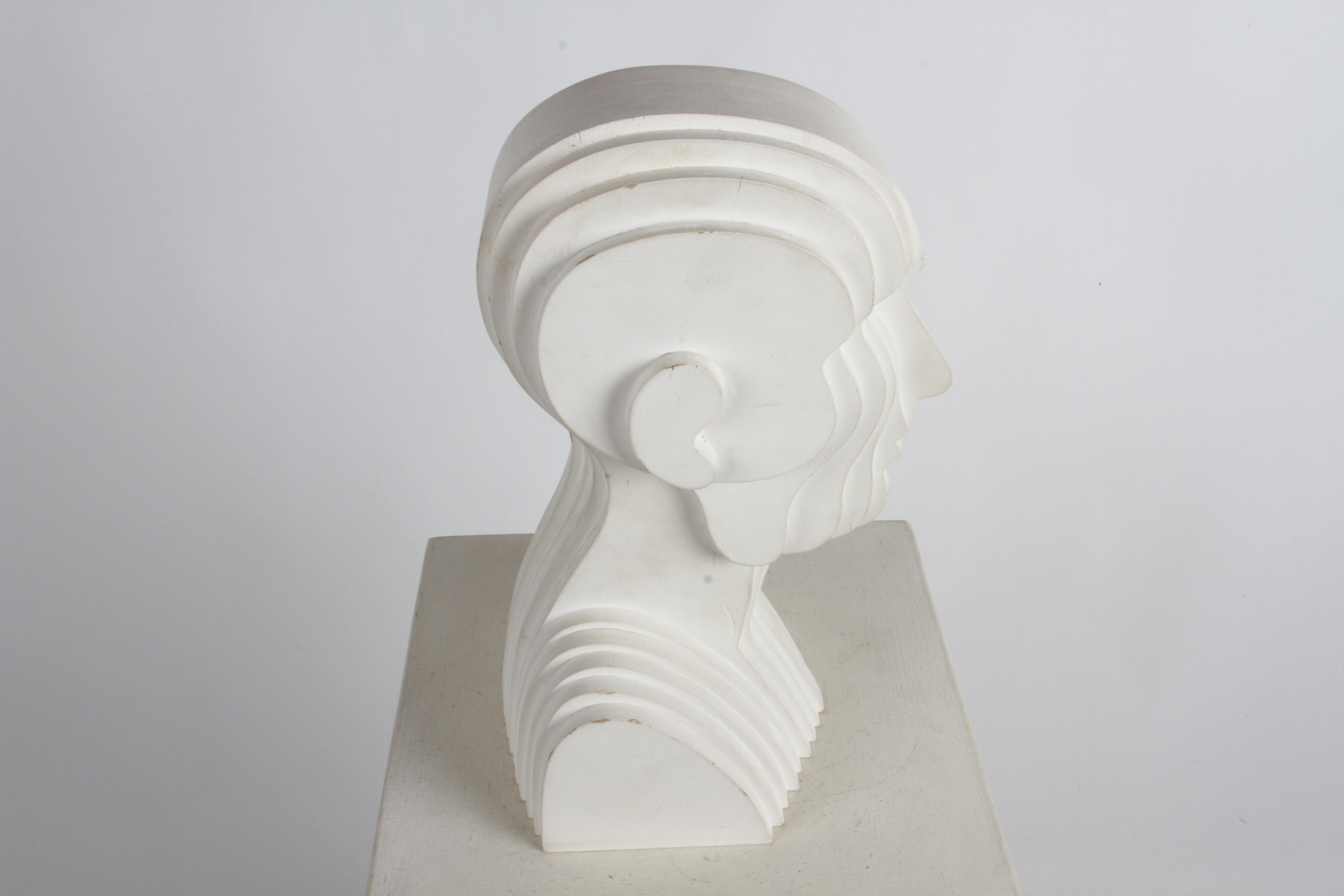 Mid-Century Modern OP-Art White Plywood Bust of Concentric Biomorphic Layers 1