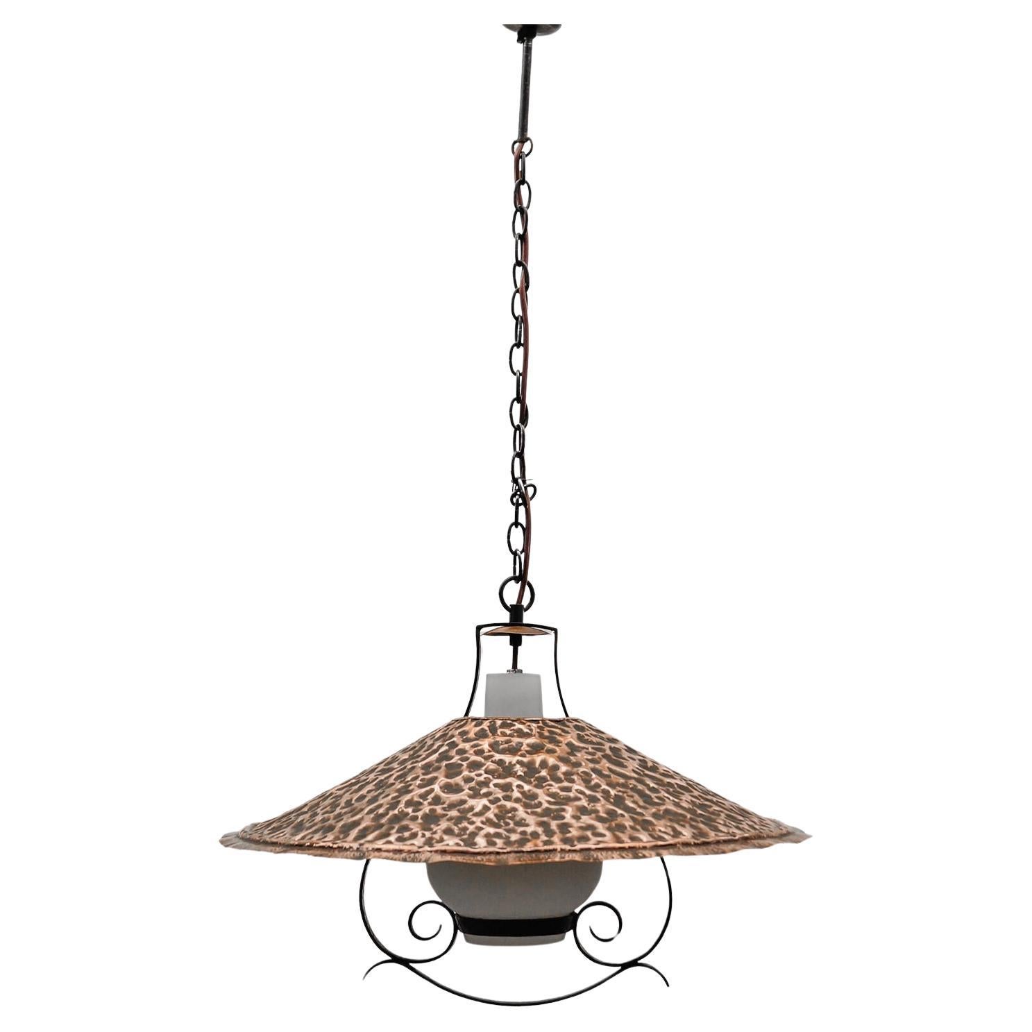 Mid-Century Modern Opal Glass Lamp with Hammered Copper Shade, 1950s