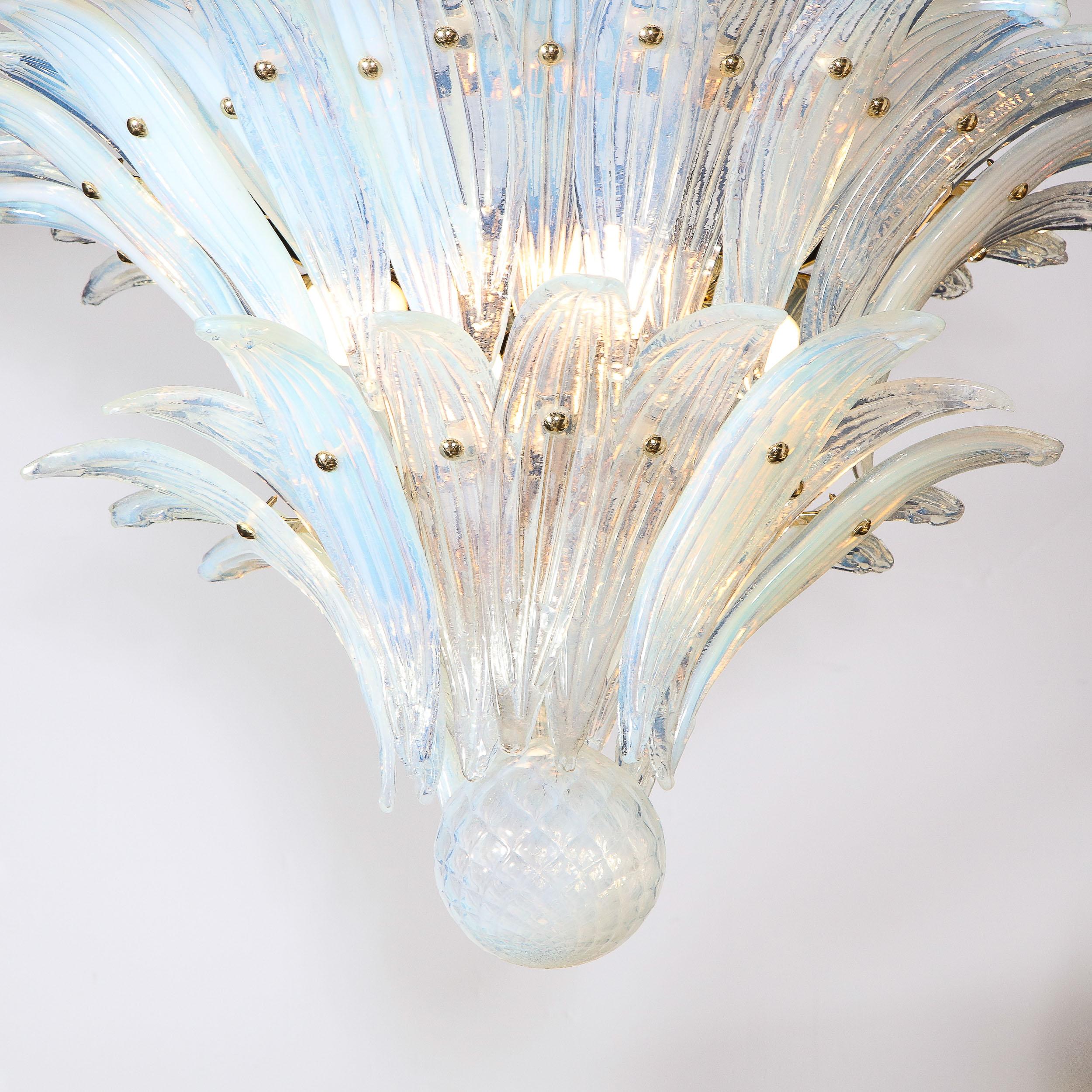 Late 20th Century Mid Century Modern Opalescent Murano 2-Tier Palma Chandelier w/ Brass Fittings  For Sale