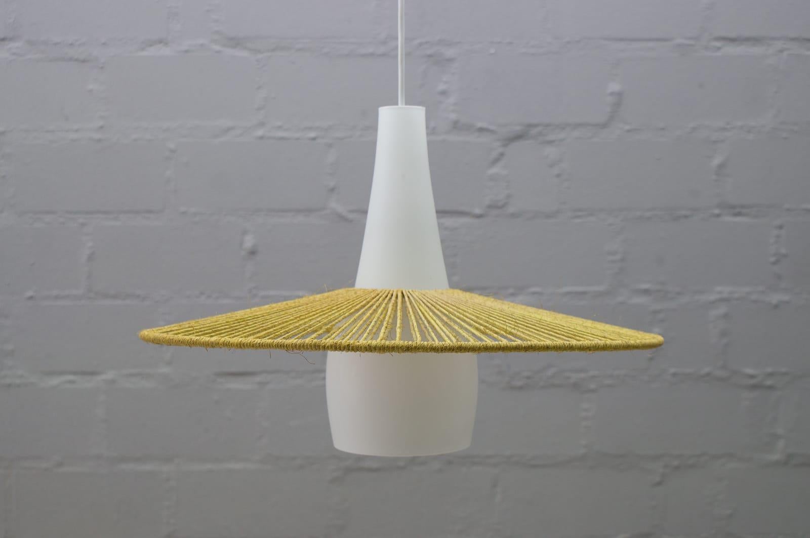 Mid-20th Century Mid-Century Modern Opaline Glass and Jute String Ceiling Lamp, 1950s