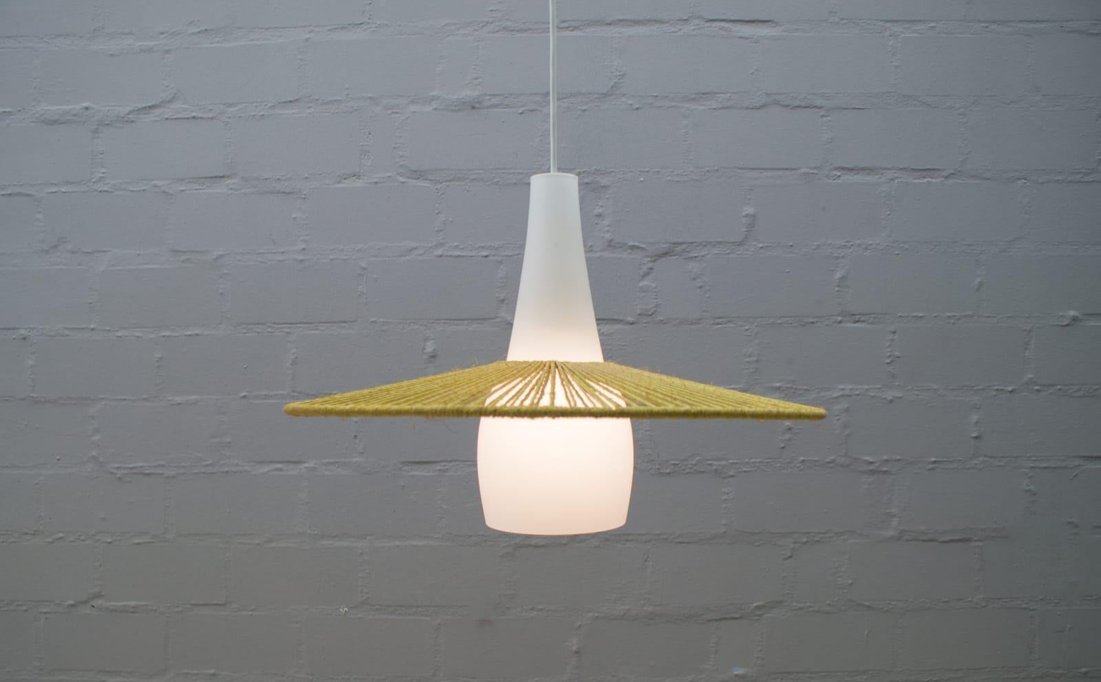 Metal Mid-Century Modern Opaline Glass and Jute String Ceiling Lamp, 1950s