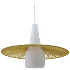 Mid-Century Modern Opaline Glass and Jute String Ceiling Lamp, 1950s