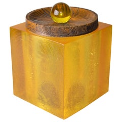 Vintage Mid-Century Modern Amber Color Acrylic Cork and Wood Ice Bucket