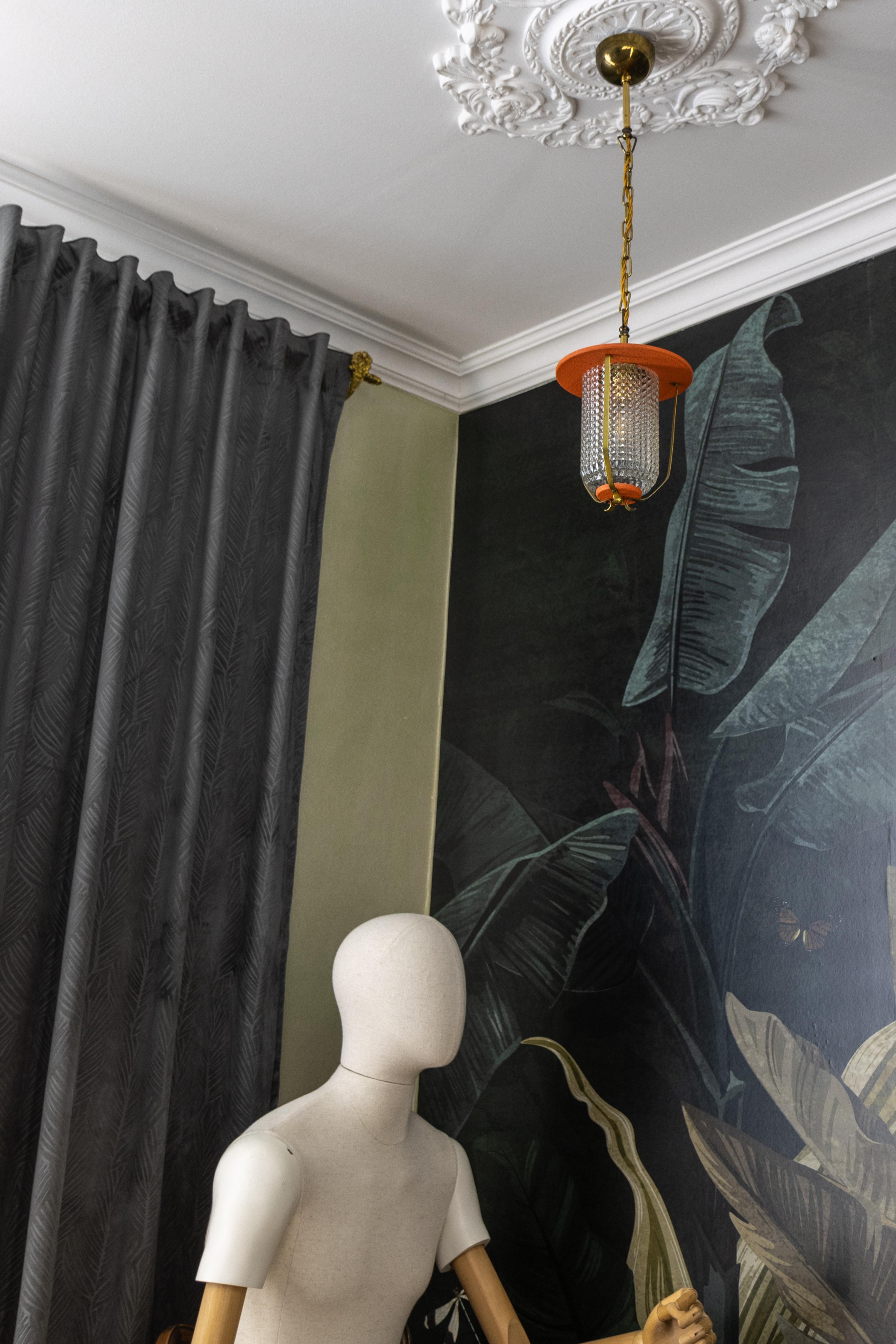 Mid-Century Modern Orange and Brass Lantern Pendant Light, Germany, 1950s For Sale 6