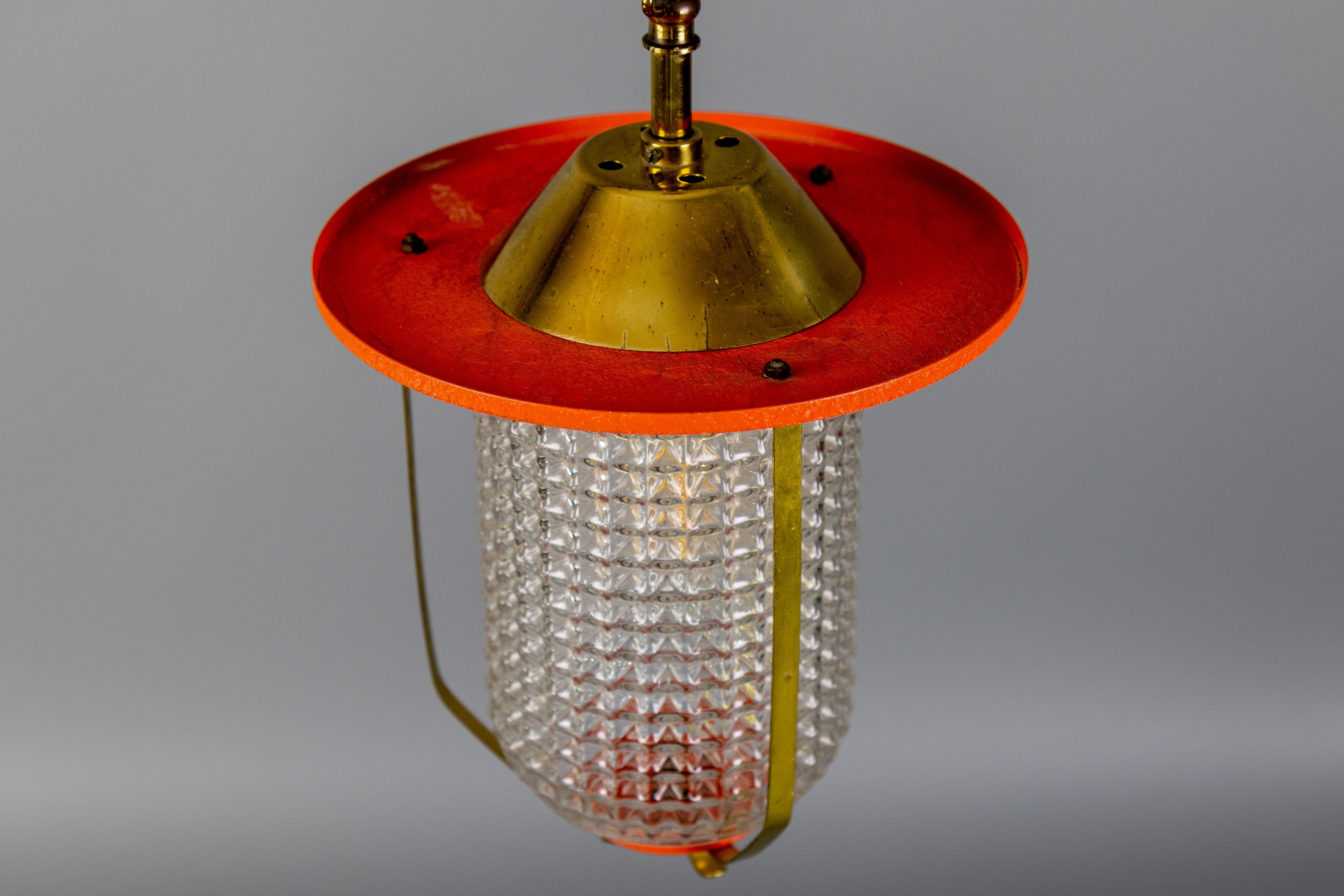 Mid-Century Modern Orange and Brass Lantern Pendant Light, Germany, 1950s For Sale 8