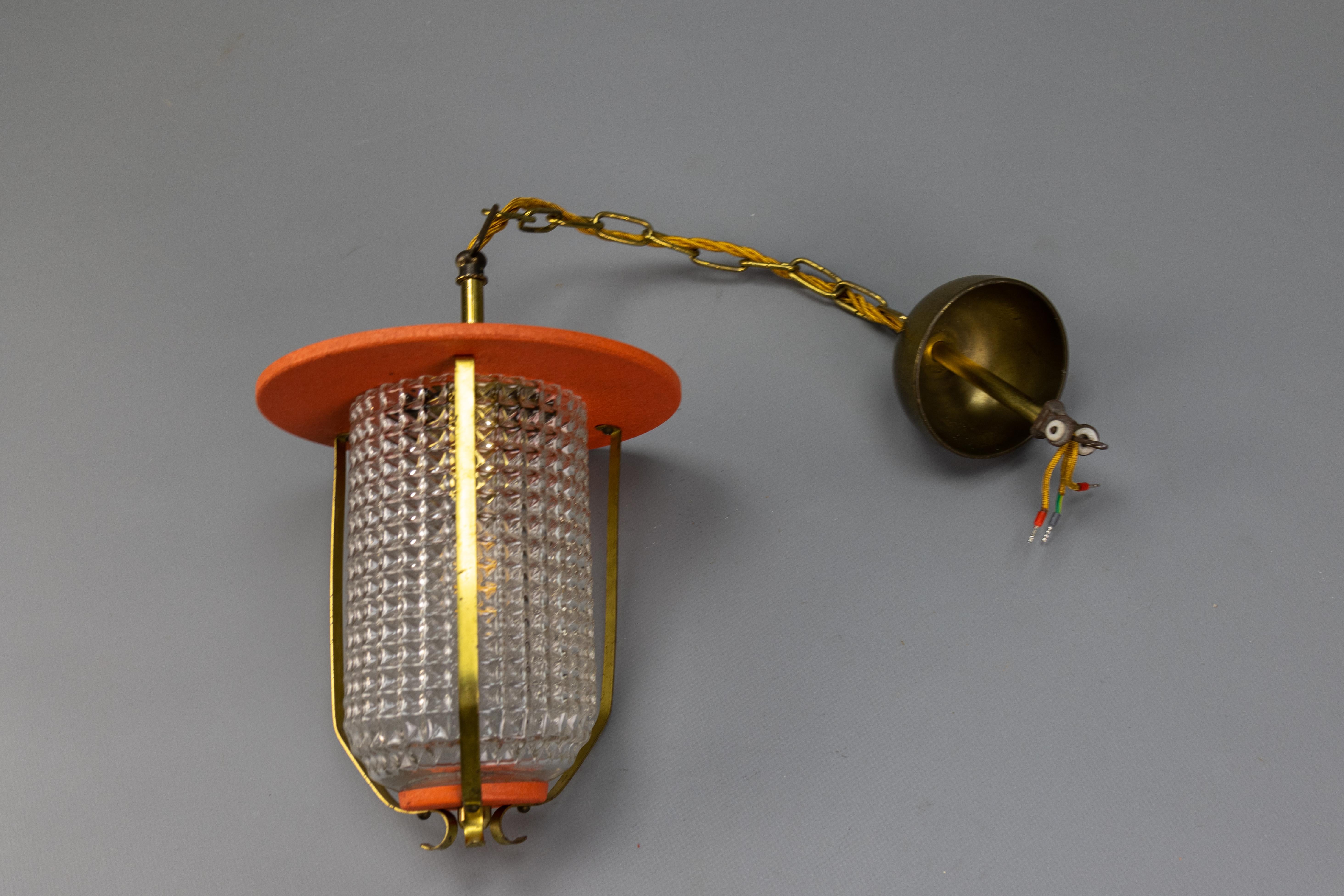 Mid-Century Modern Orange and Brass Lantern Pendant Light, Germany, 1950s For Sale 11