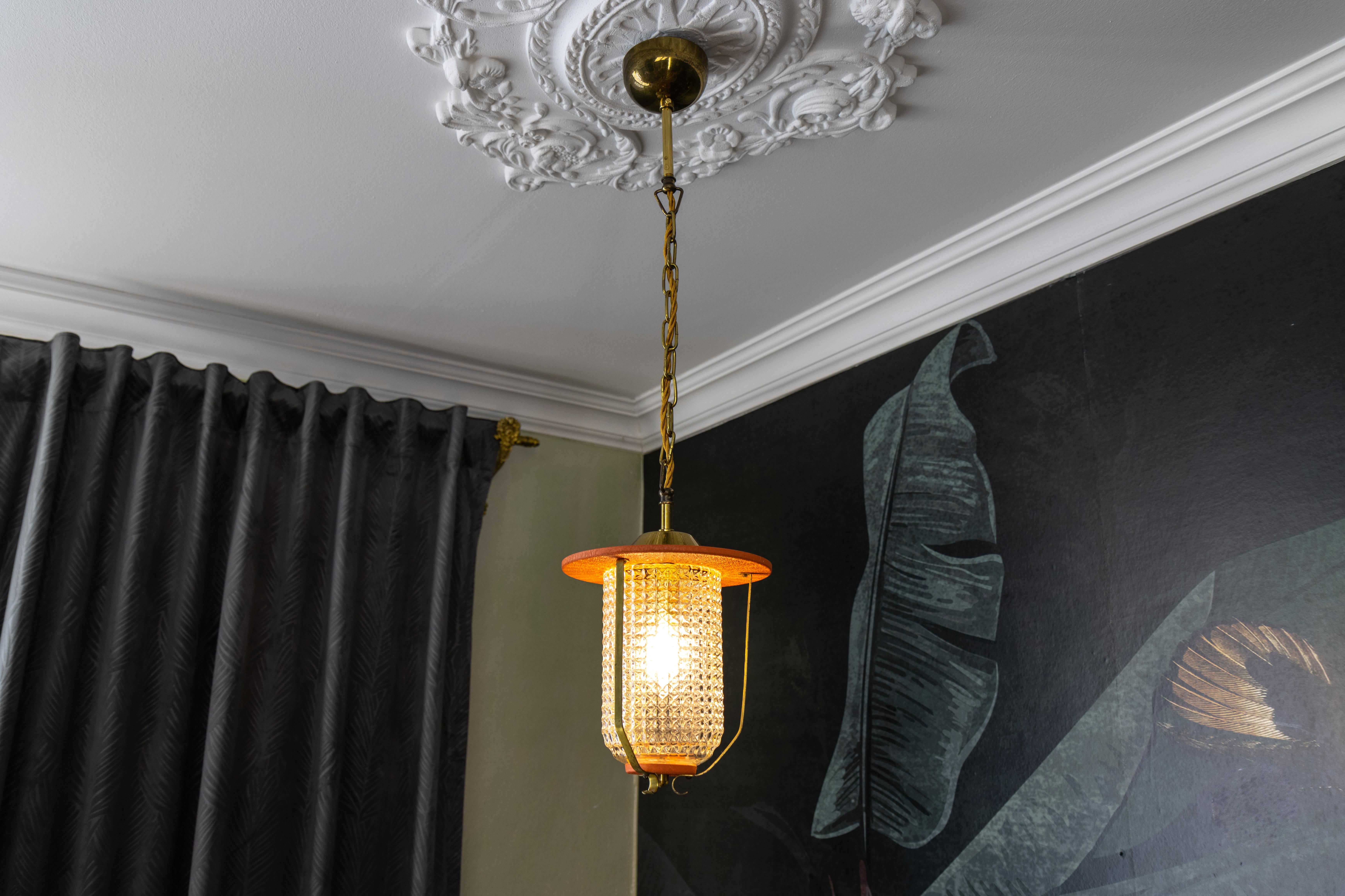 Mid-Century Modern Orange and Brass Lantern Pendant Light, Germany, 1950s In Good Condition For Sale In Barntrup, DE