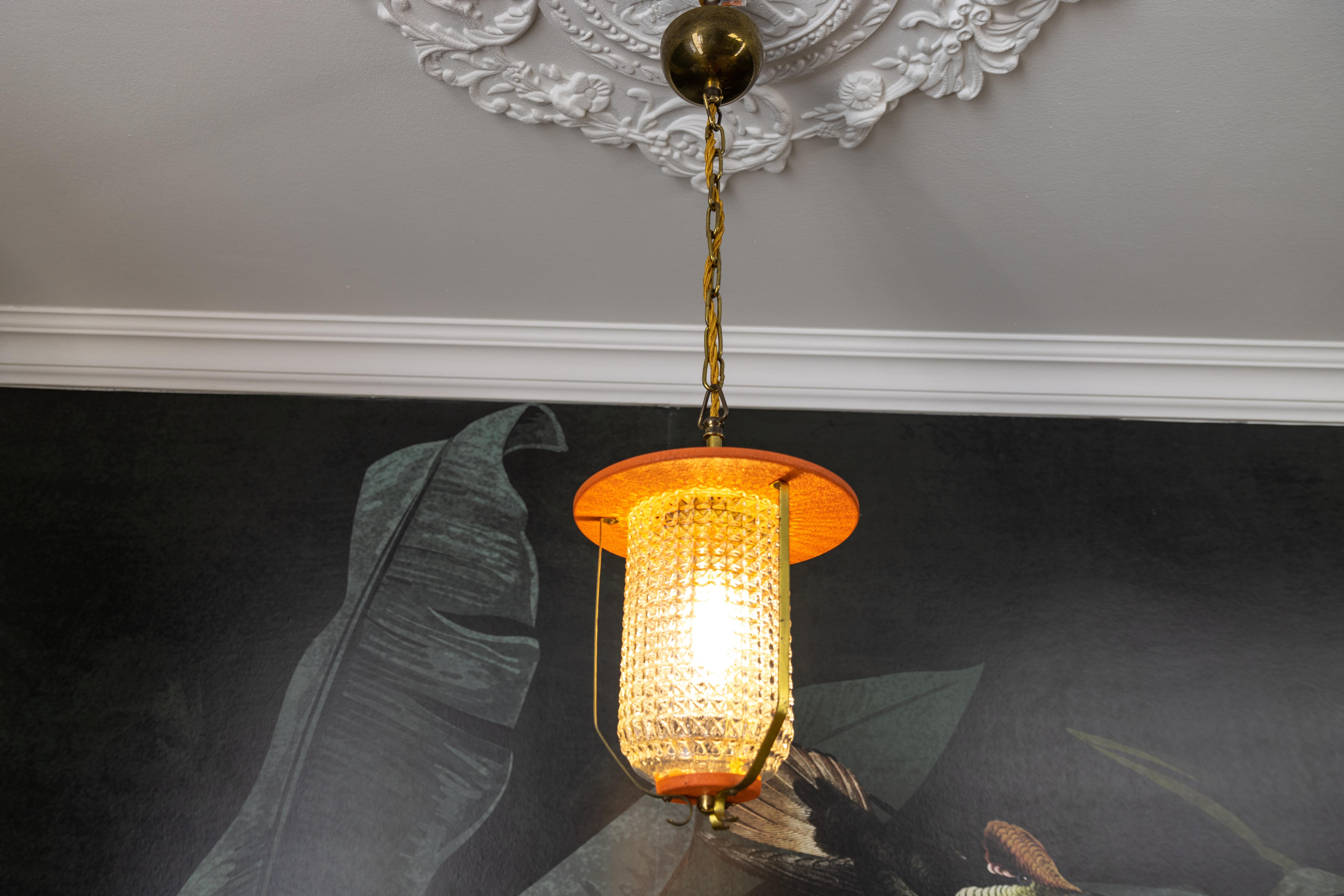 Mid-20th Century Mid-Century Modern Orange and Brass Lantern Pendant Light, Germany, 1950s For Sale