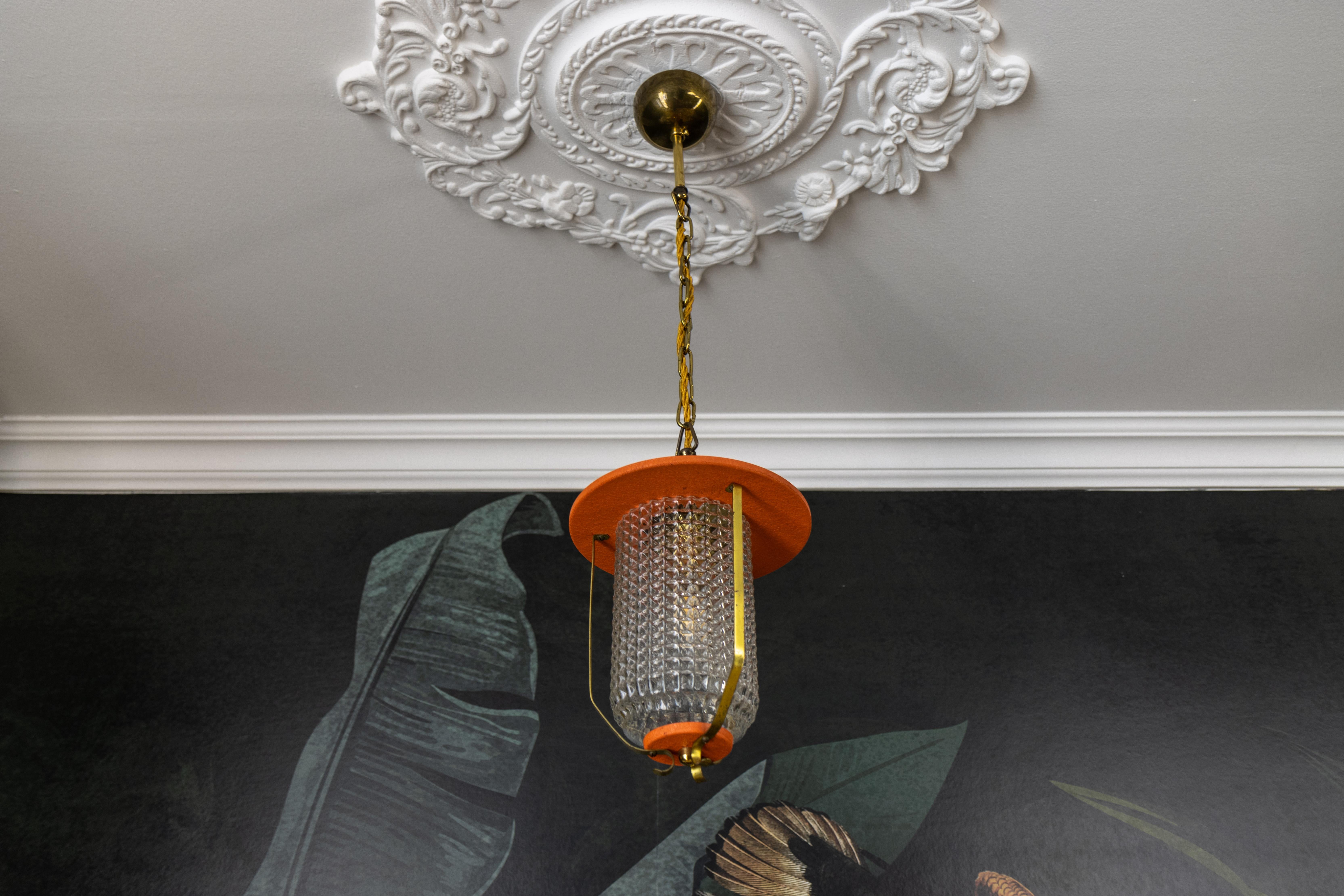 Mid-Century Modern Orange and Brass Lantern Pendant Light, Germany, 1950s For Sale 2