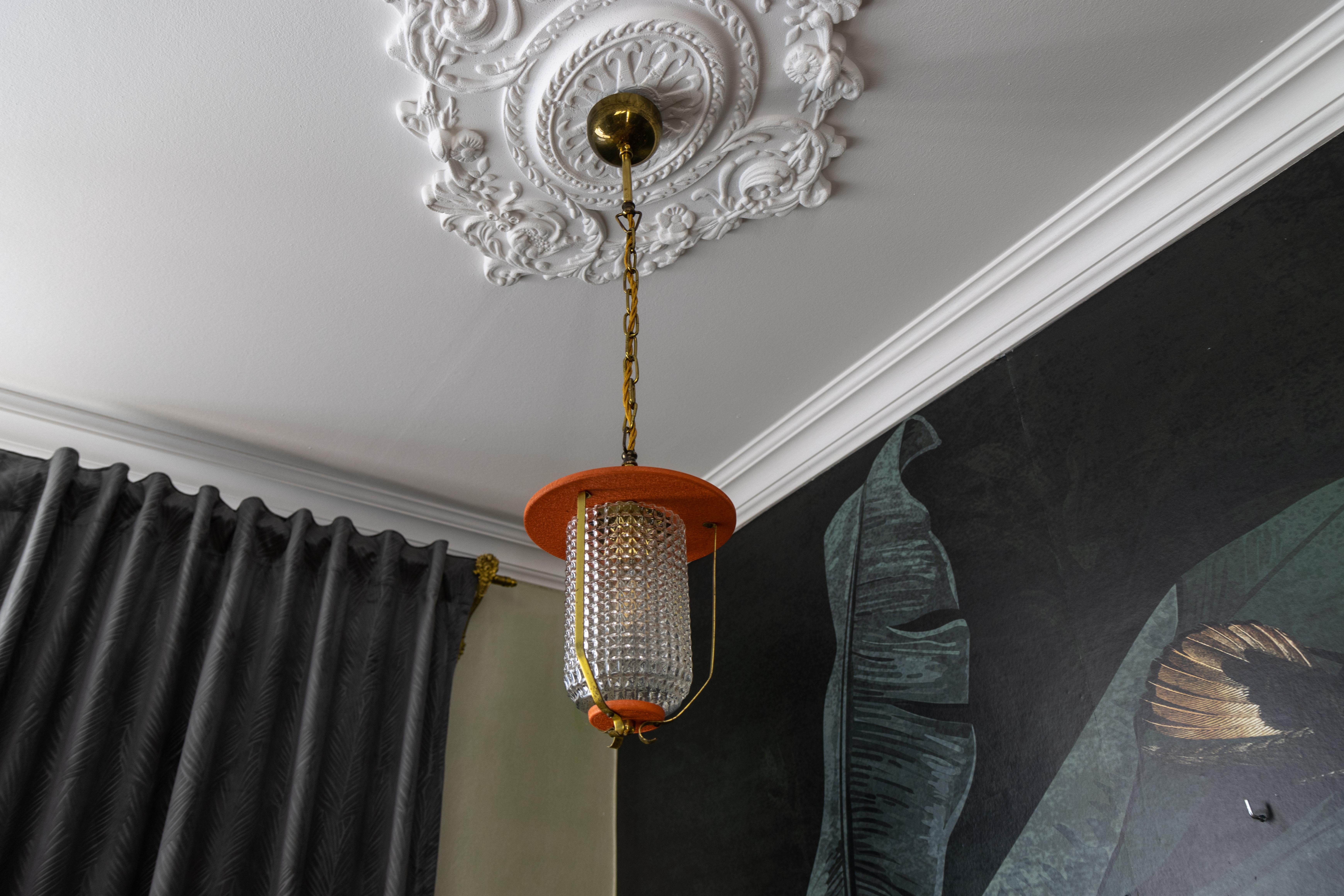 Mid-Century Modern Orange and Brass Lantern Pendant Light, Germany, 1950s For Sale 3