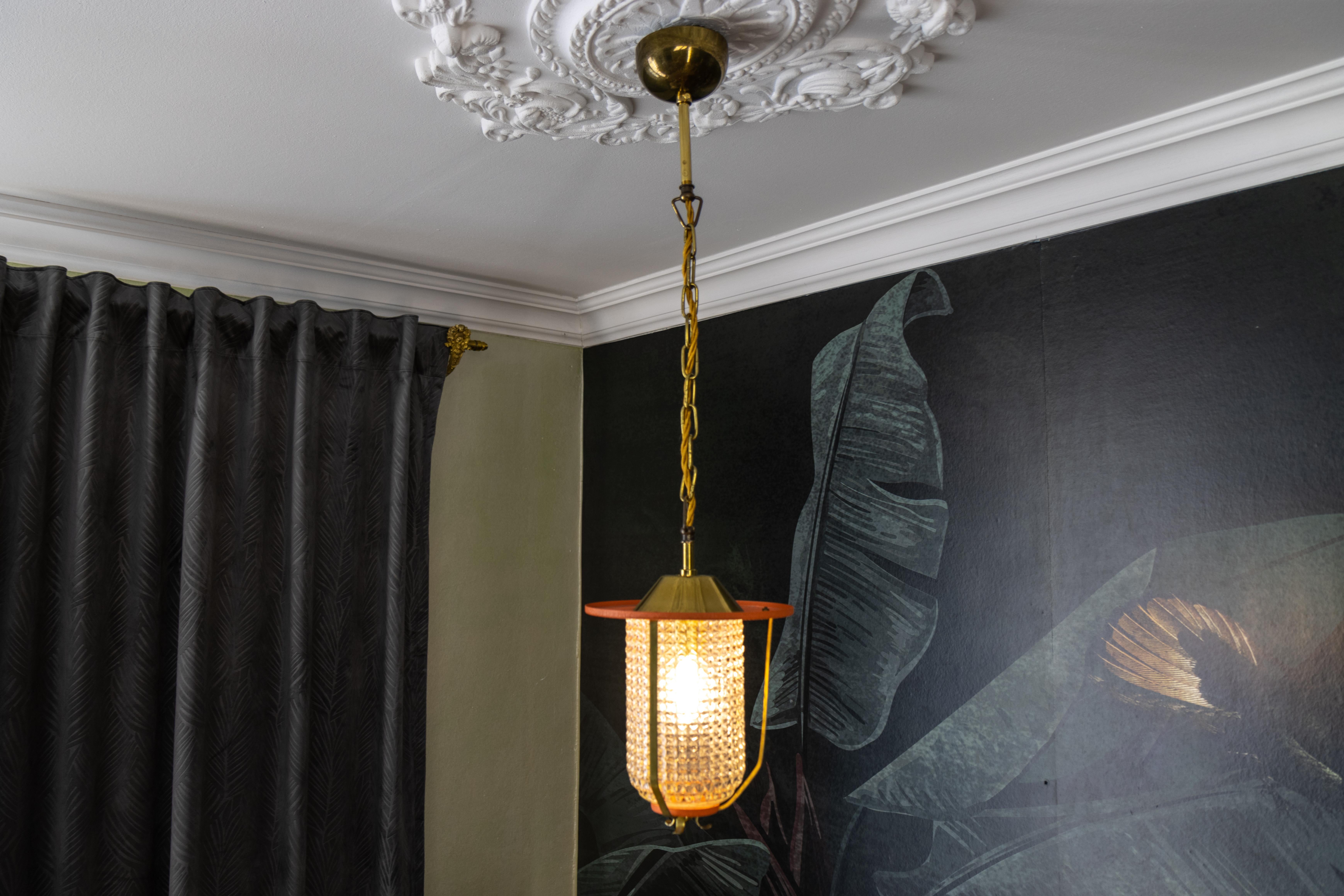 Mid-Century Modern Orange and Brass Lantern Pendant Light, Germany, 1950s For Sale 4