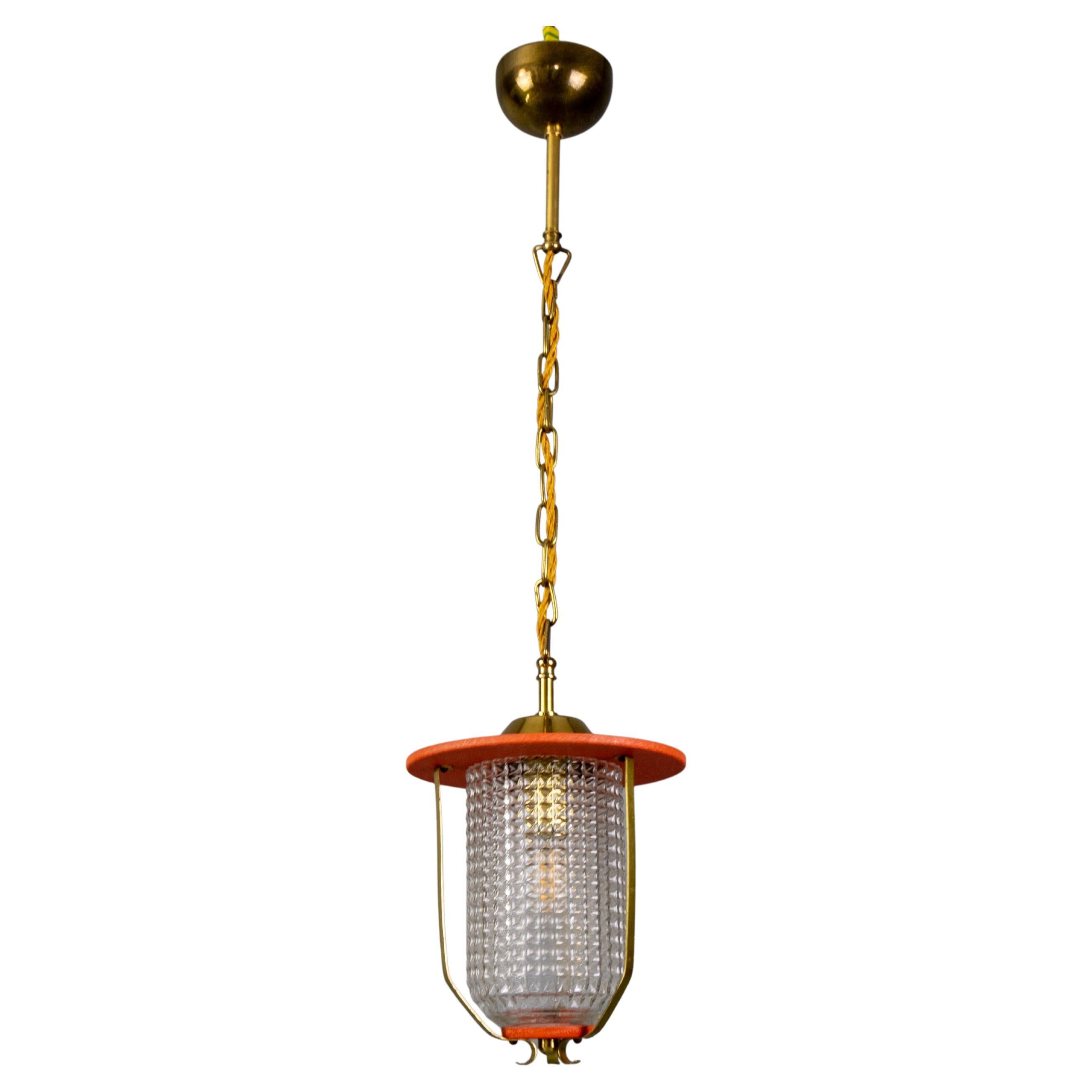 Mid-Century Modern Orange and Brass Lantern Pendant Light, Germany, 1950s
